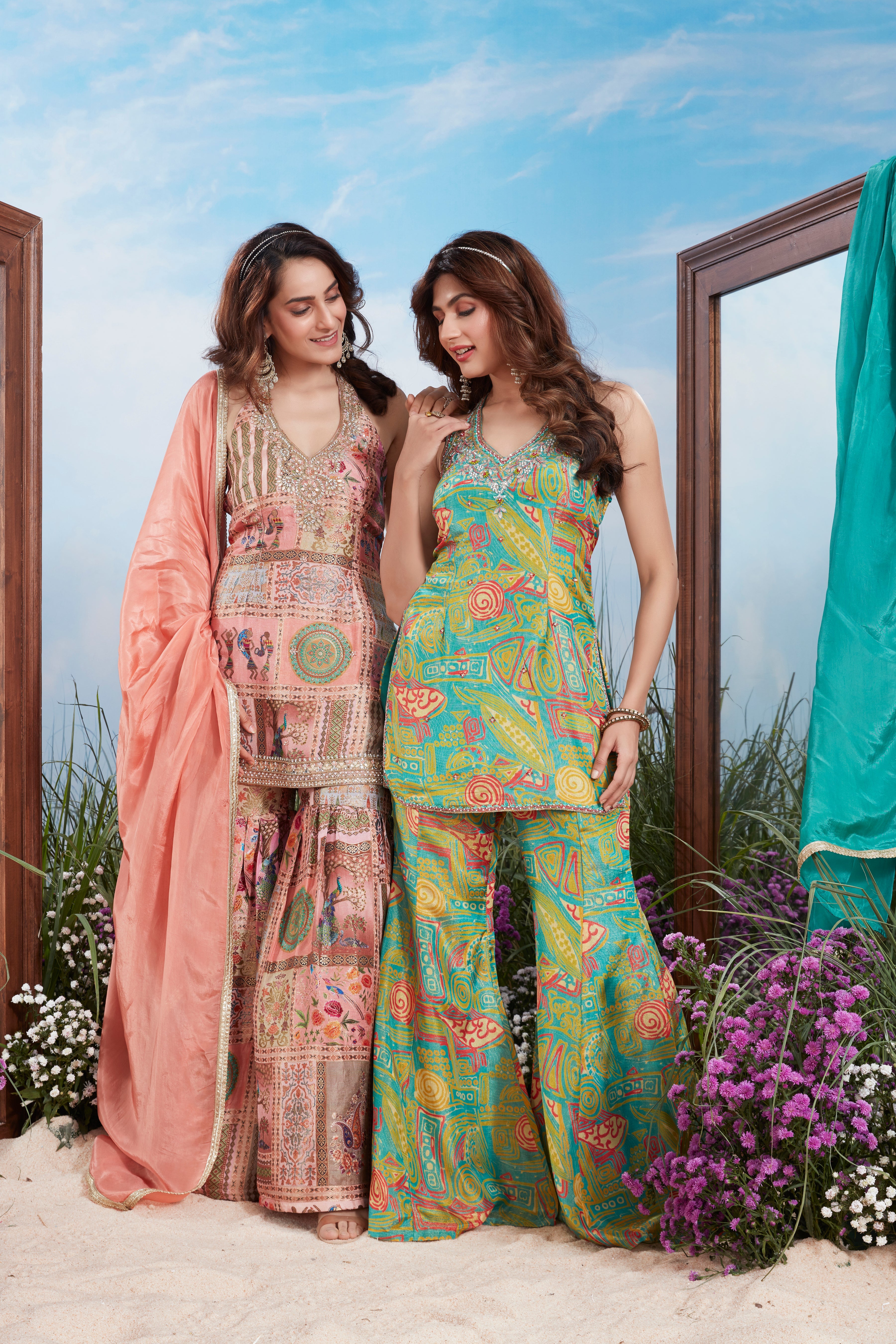 Multi-Color Embellished Muslin Silk Palazzo Set