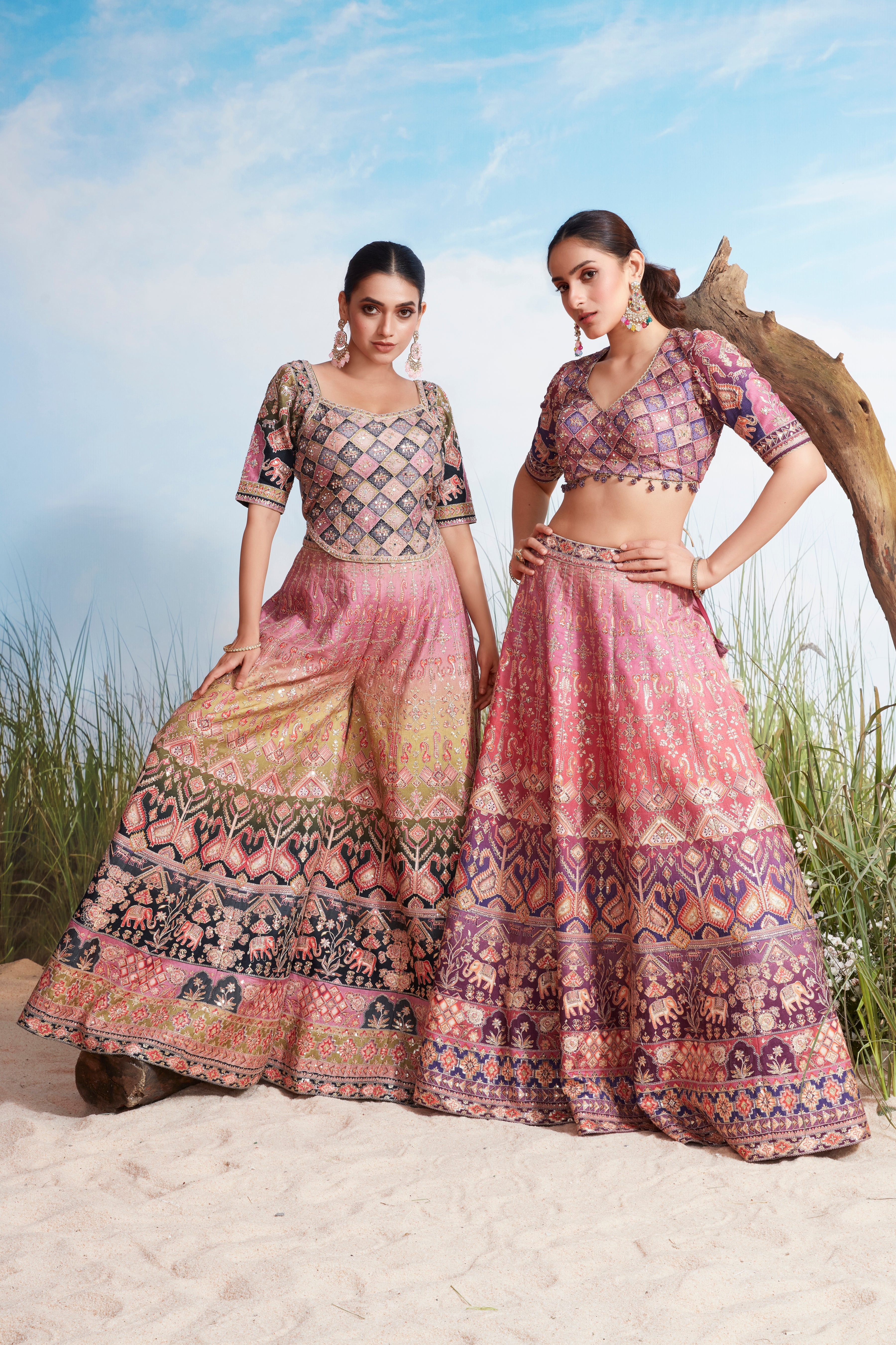 Dual-Shade Multi-Print Premium Silk Lehenga Set