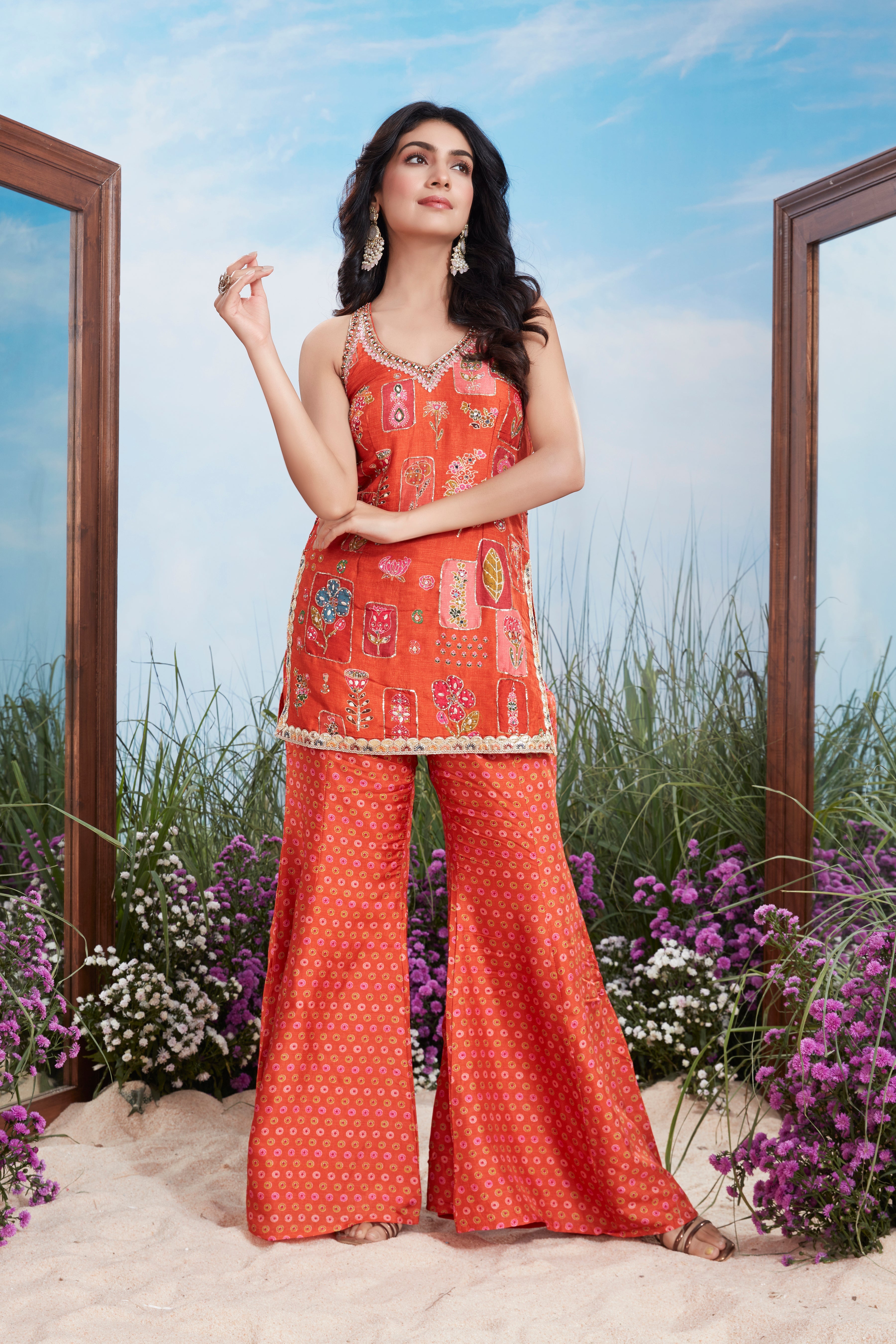 Festive Orange Multi-Print Premium Silk Palazzo Set