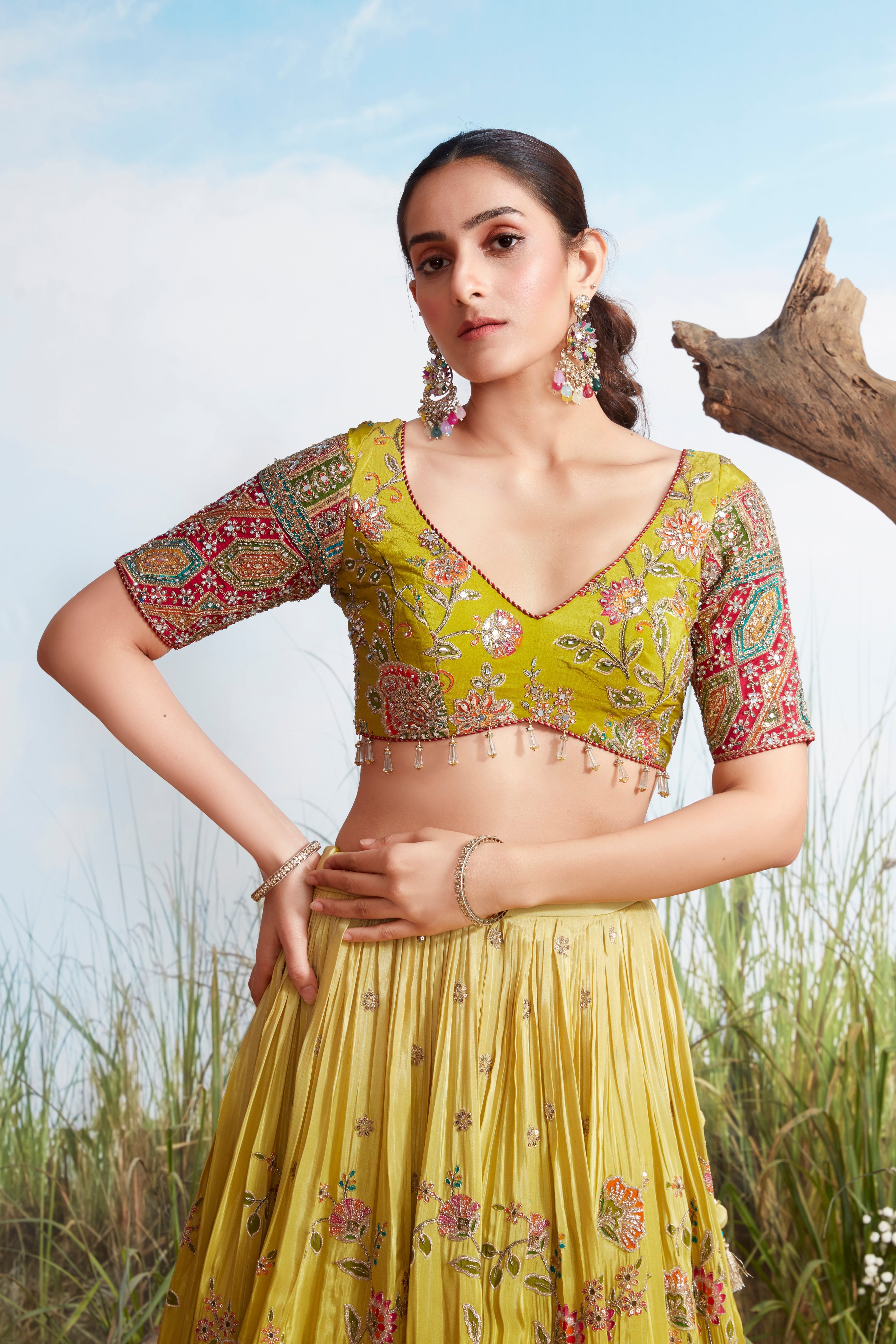 Zesty Lime Floral Premium Silk Lehenga Set