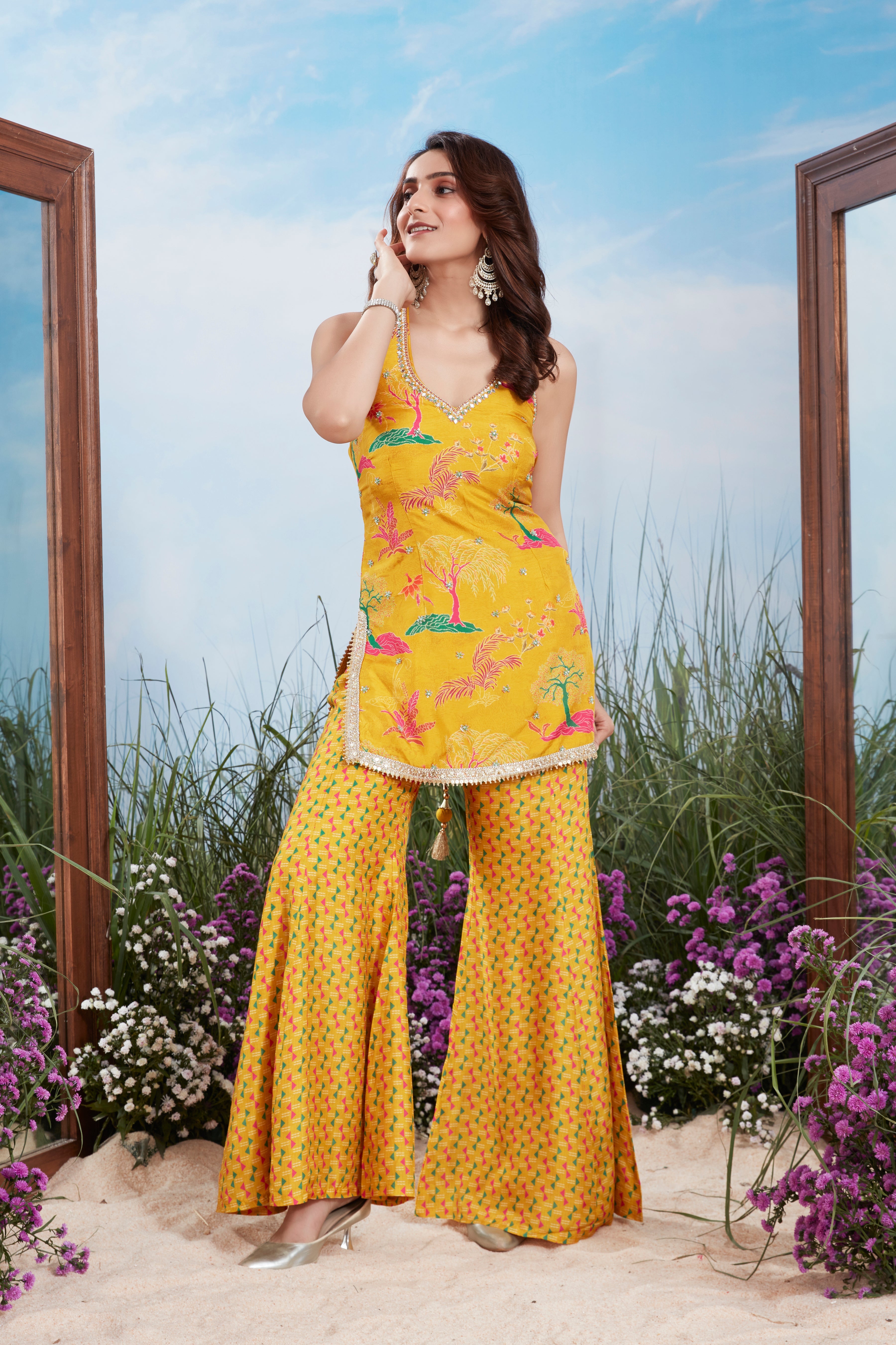 Festive Yellow Multi-Print Premium Silk Palazzo Set