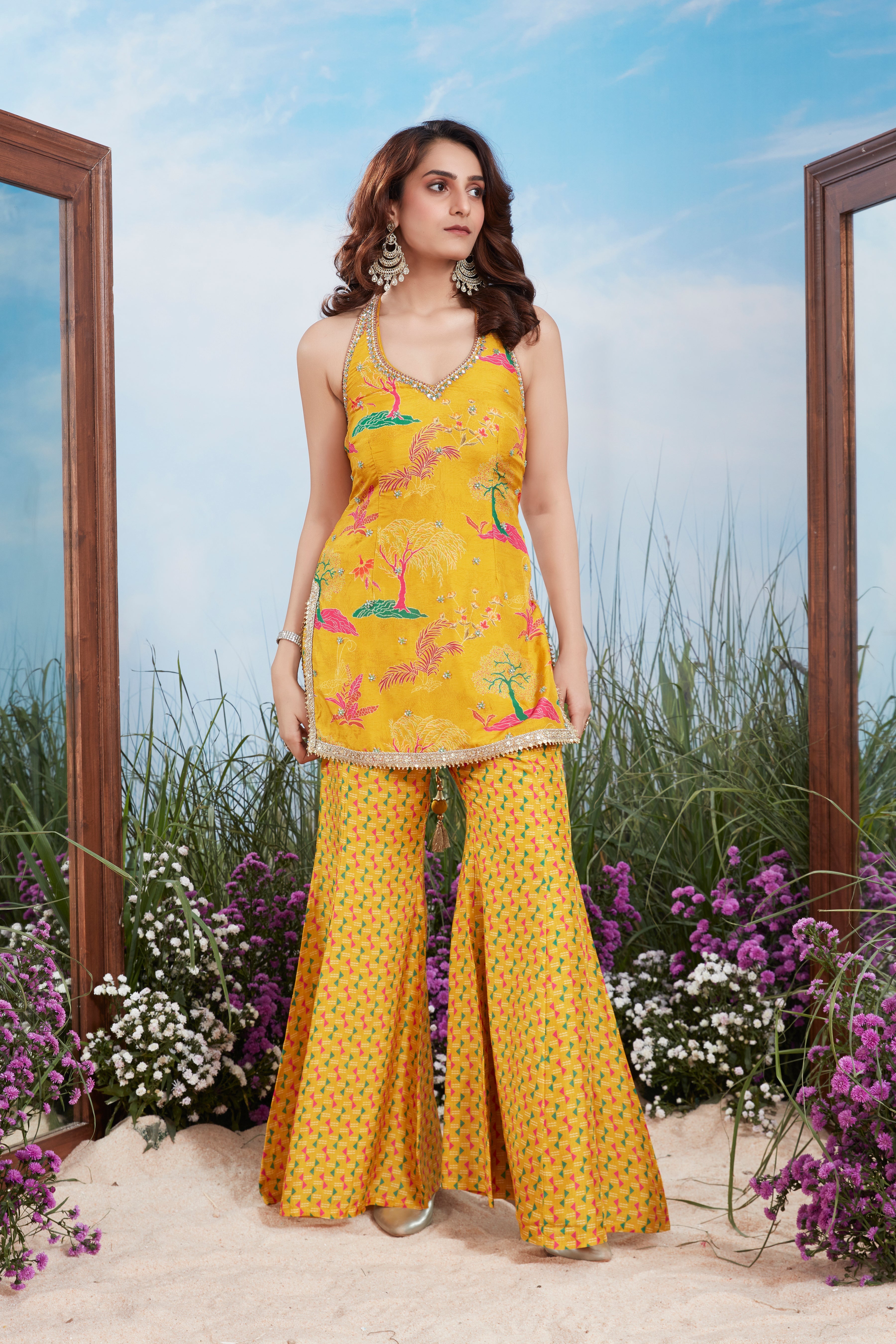 Festive Yellow Multi-Print Premium Silk Palazzo Set