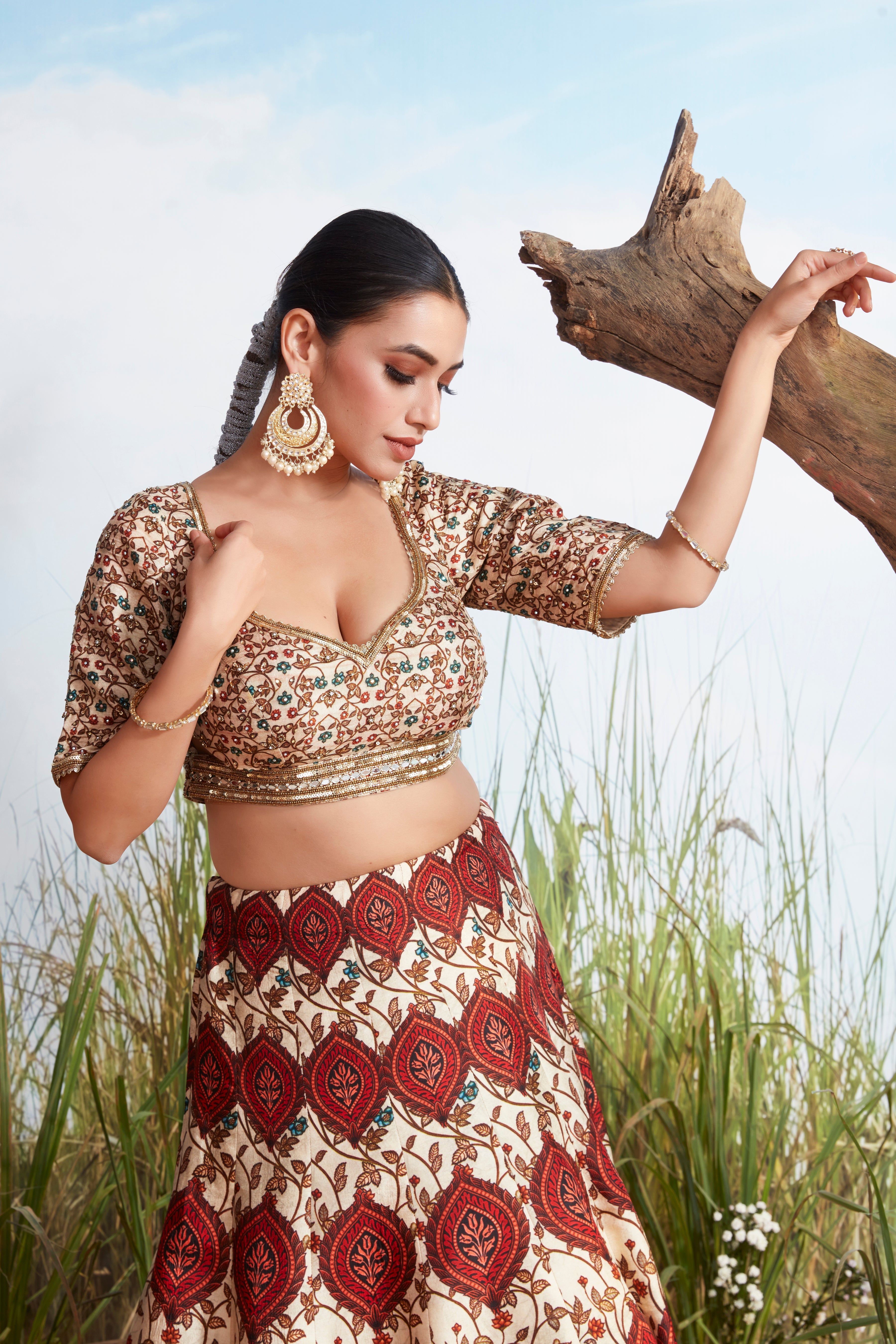 Ivory and Rust Printed Premium Silk Lehenga Set