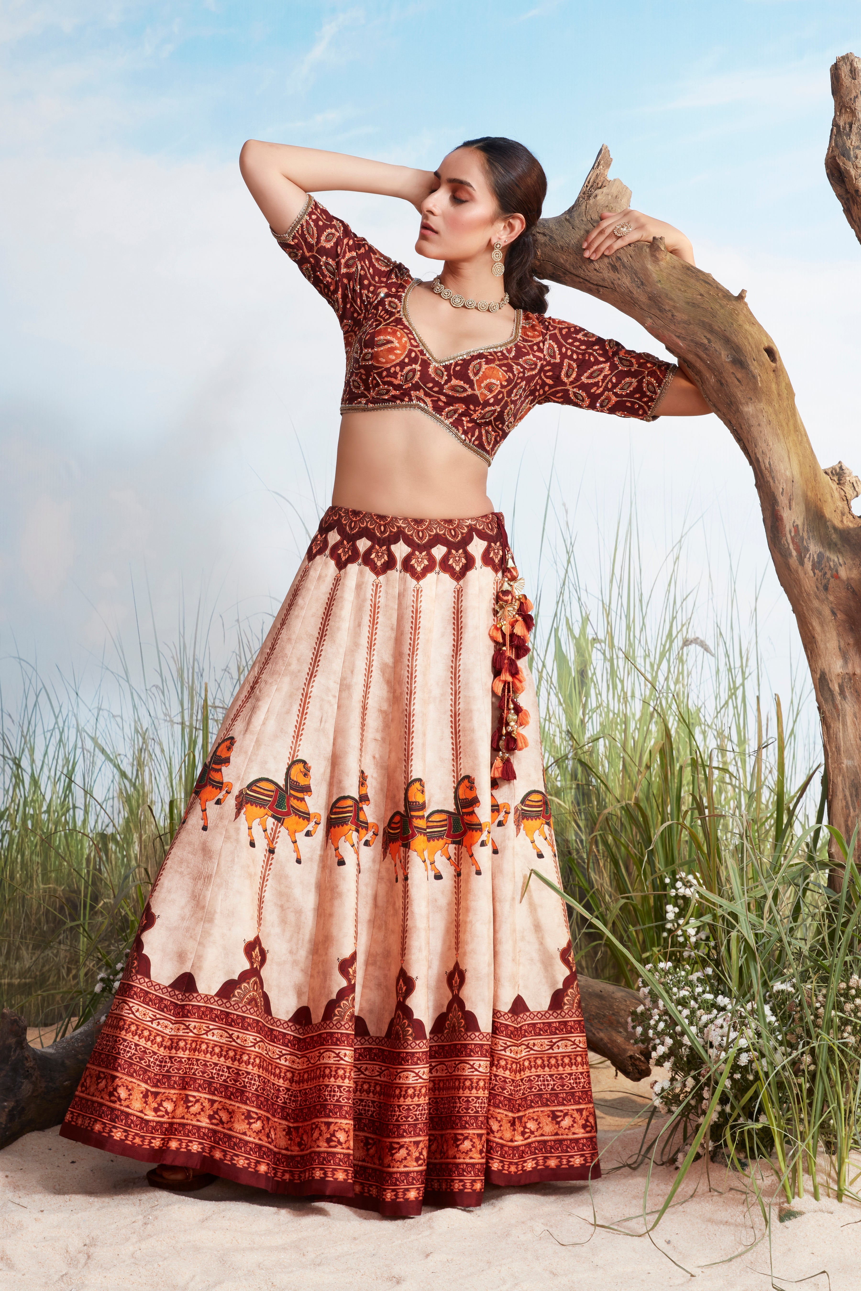 Crepe Pink Printed Raw Silk Lehenga Set
