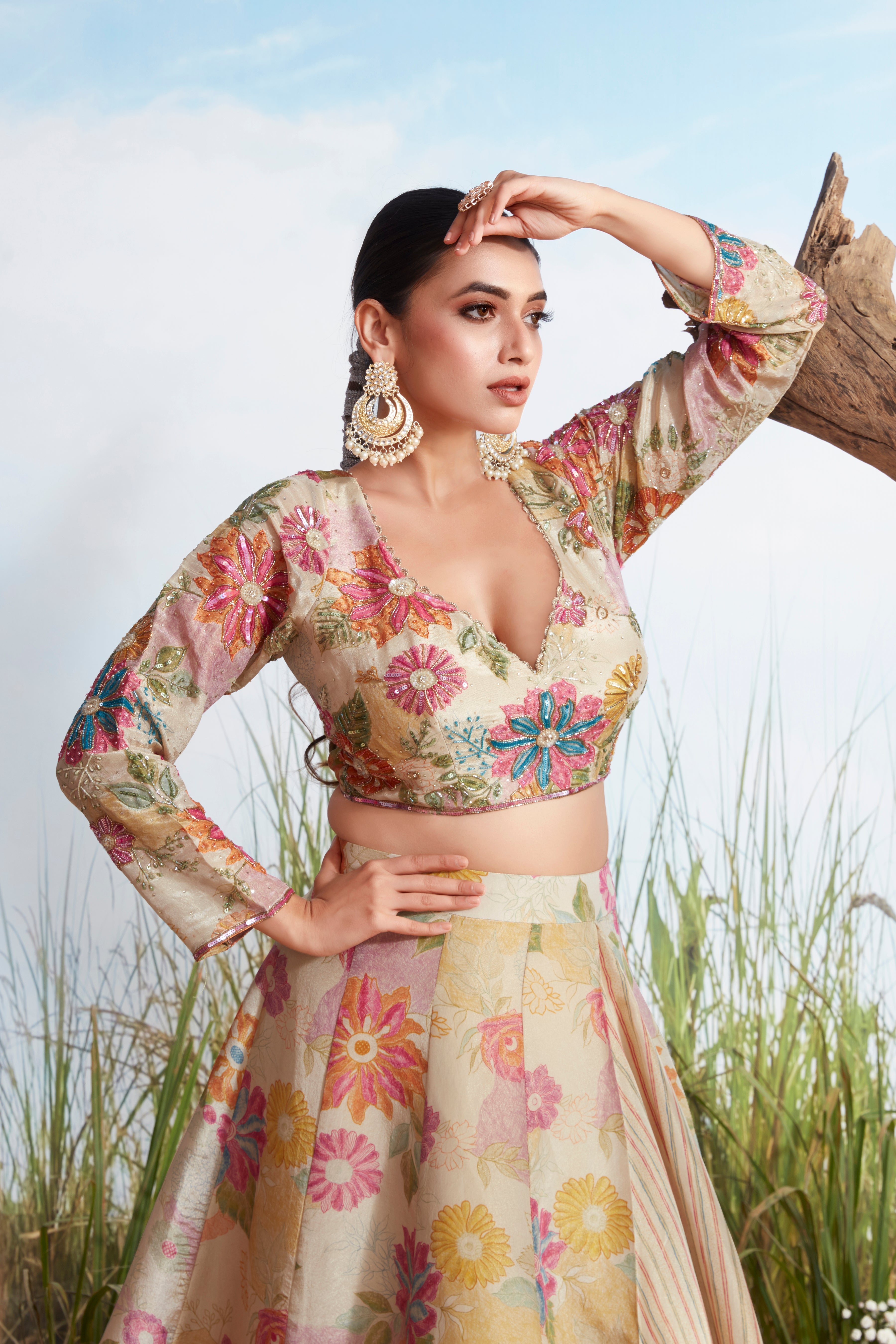 Ivory Floral Printed Chinon Silk Lehenga Set