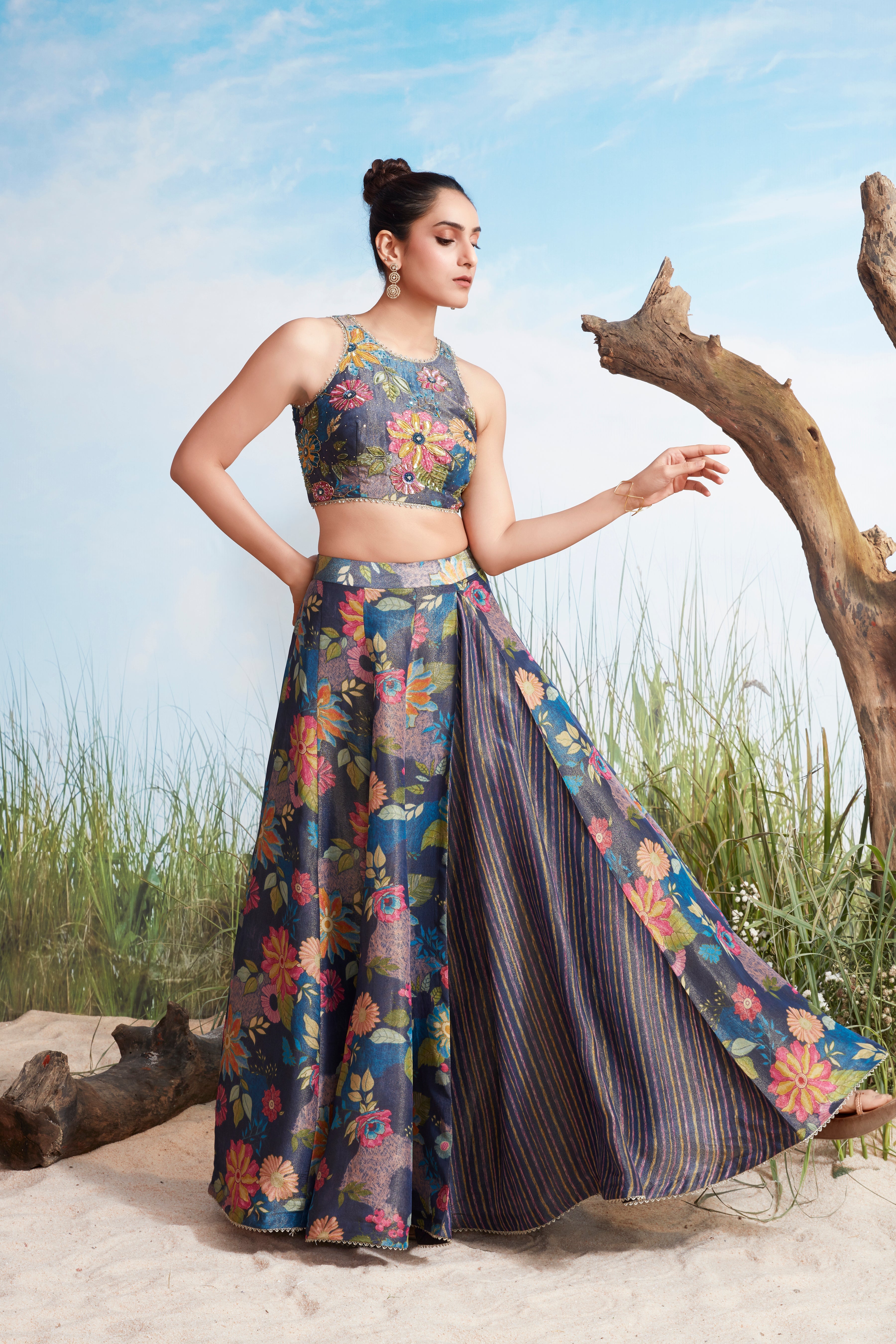 Royal Blue Embellished Shimmer Tissue Silk Lehenga Set