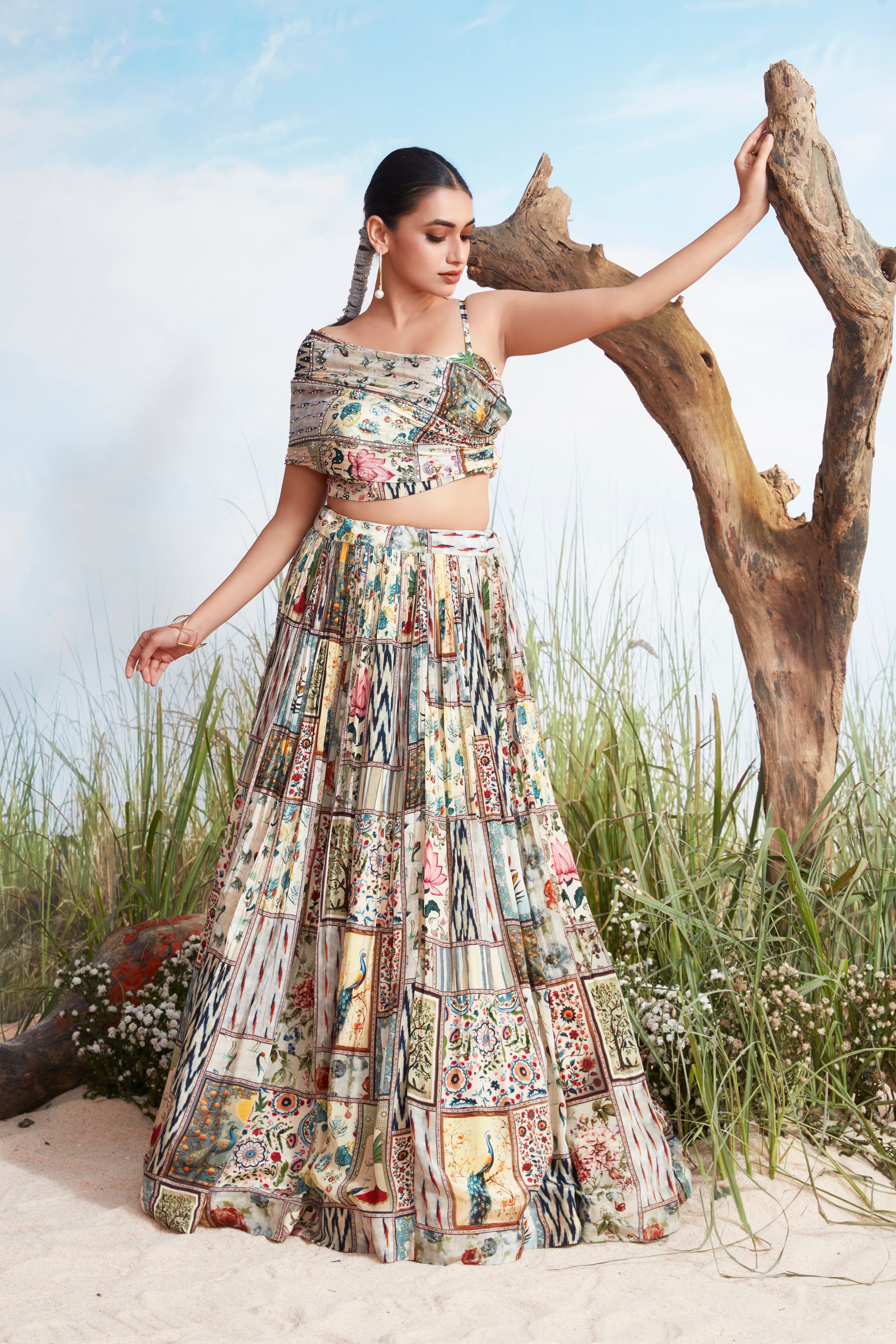 Pearl White Printed Muslin Silk Lehenga Set