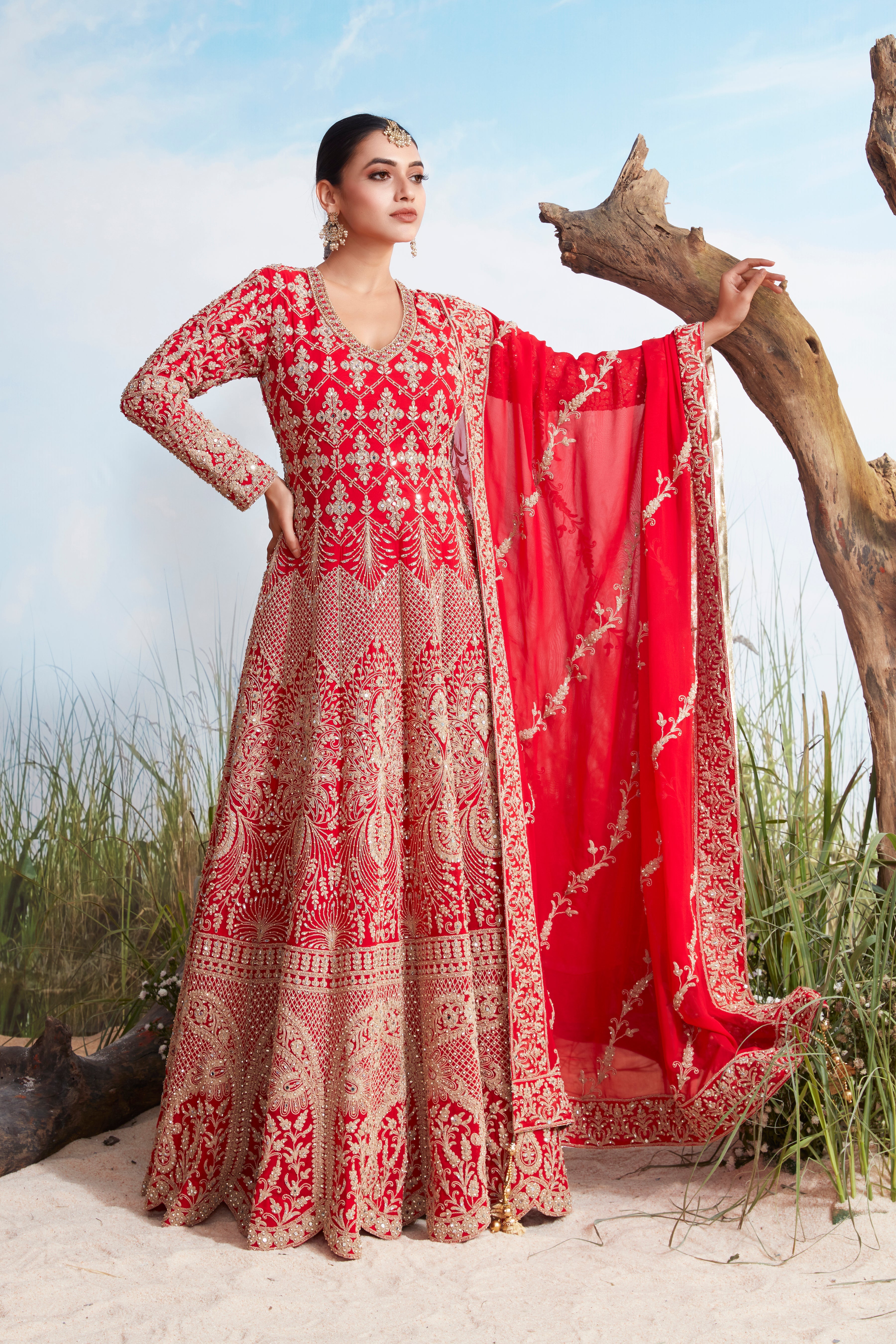 Ruby Red Embellished Georgette Silk Anarkali Set