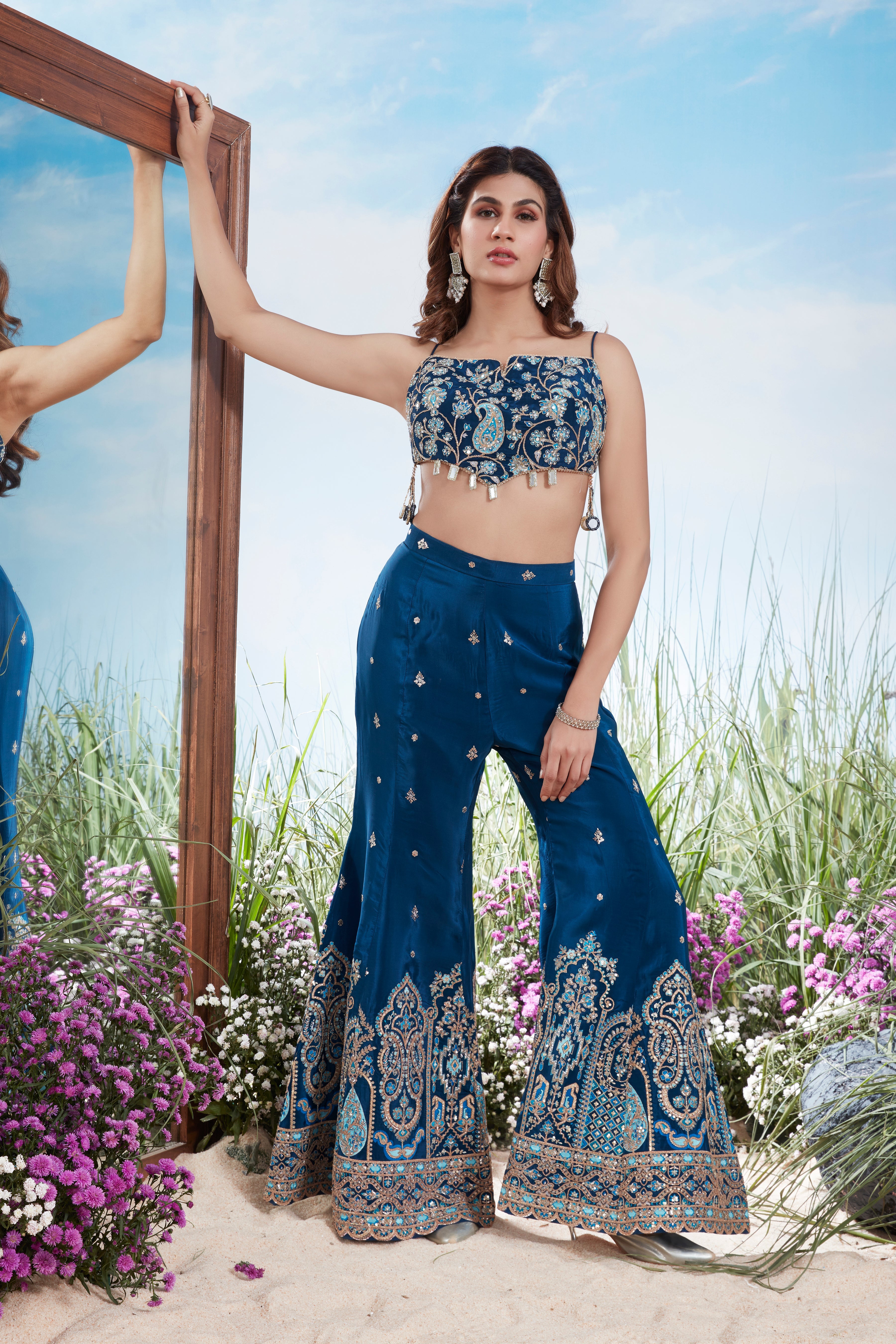 Sapphire Embellished Muslin Silk Palazzo Set