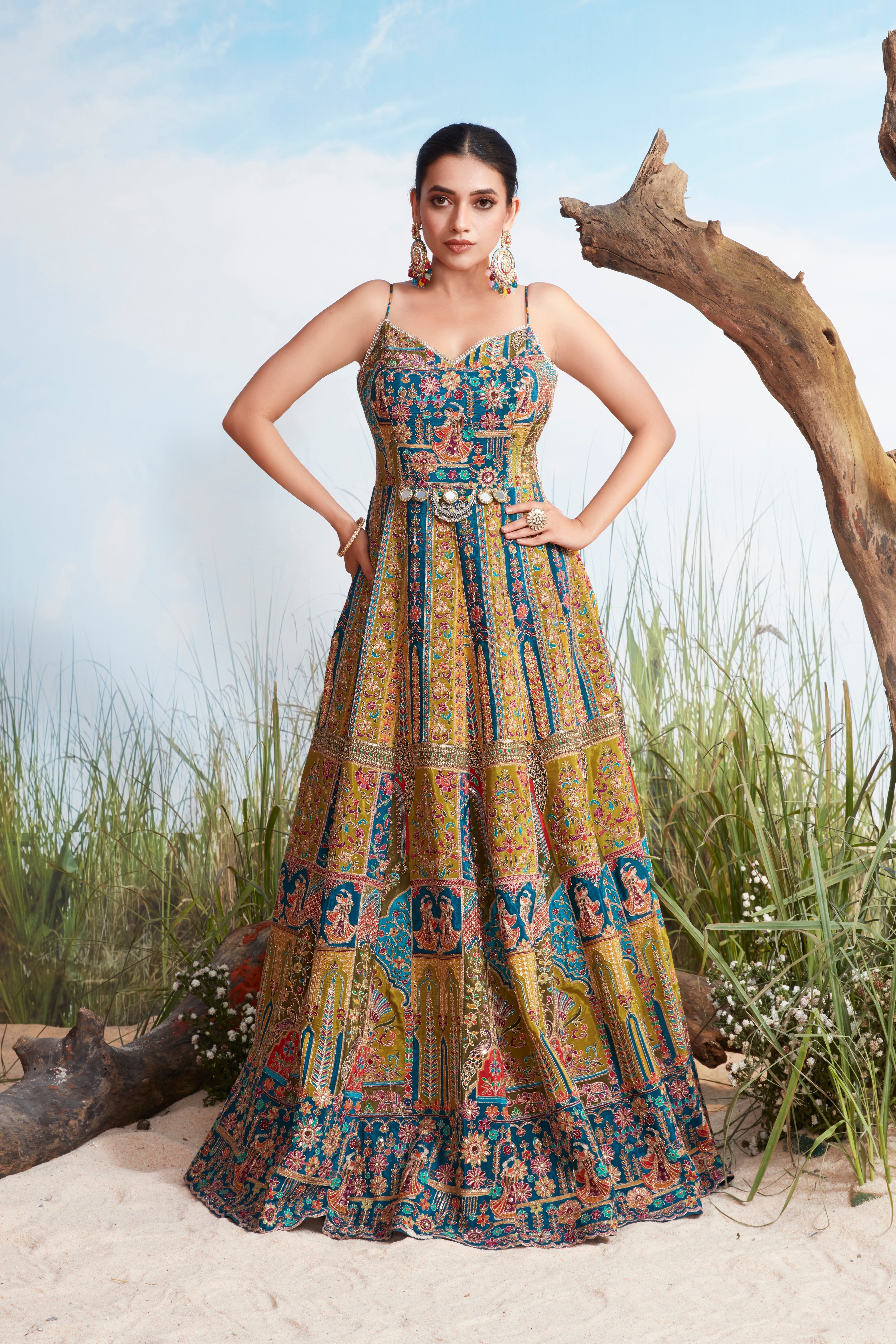Multi-Color Embellished Raw Silk Anarkali Gown