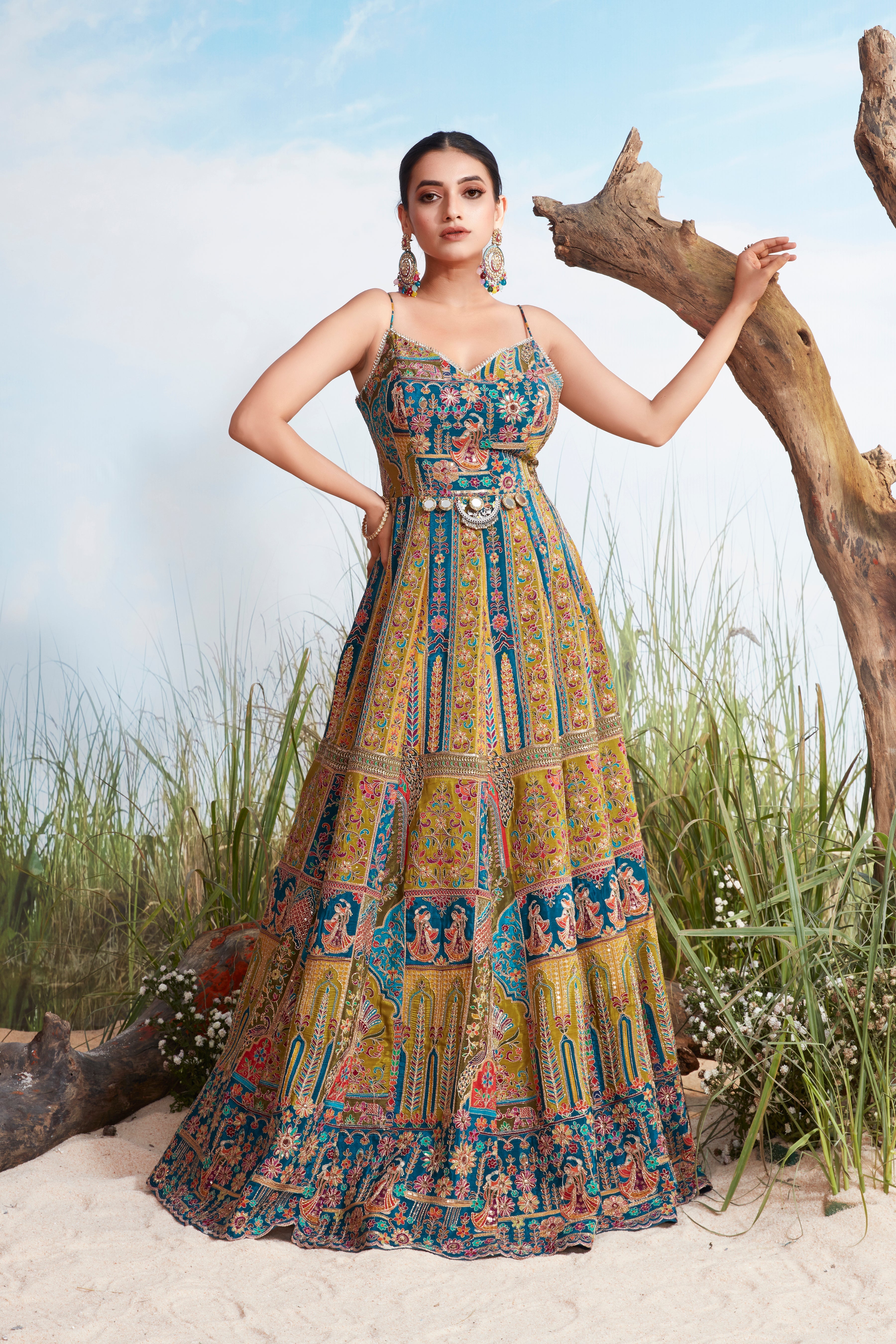 Multi-Color Embellished Raw Silk Anarkali Gown