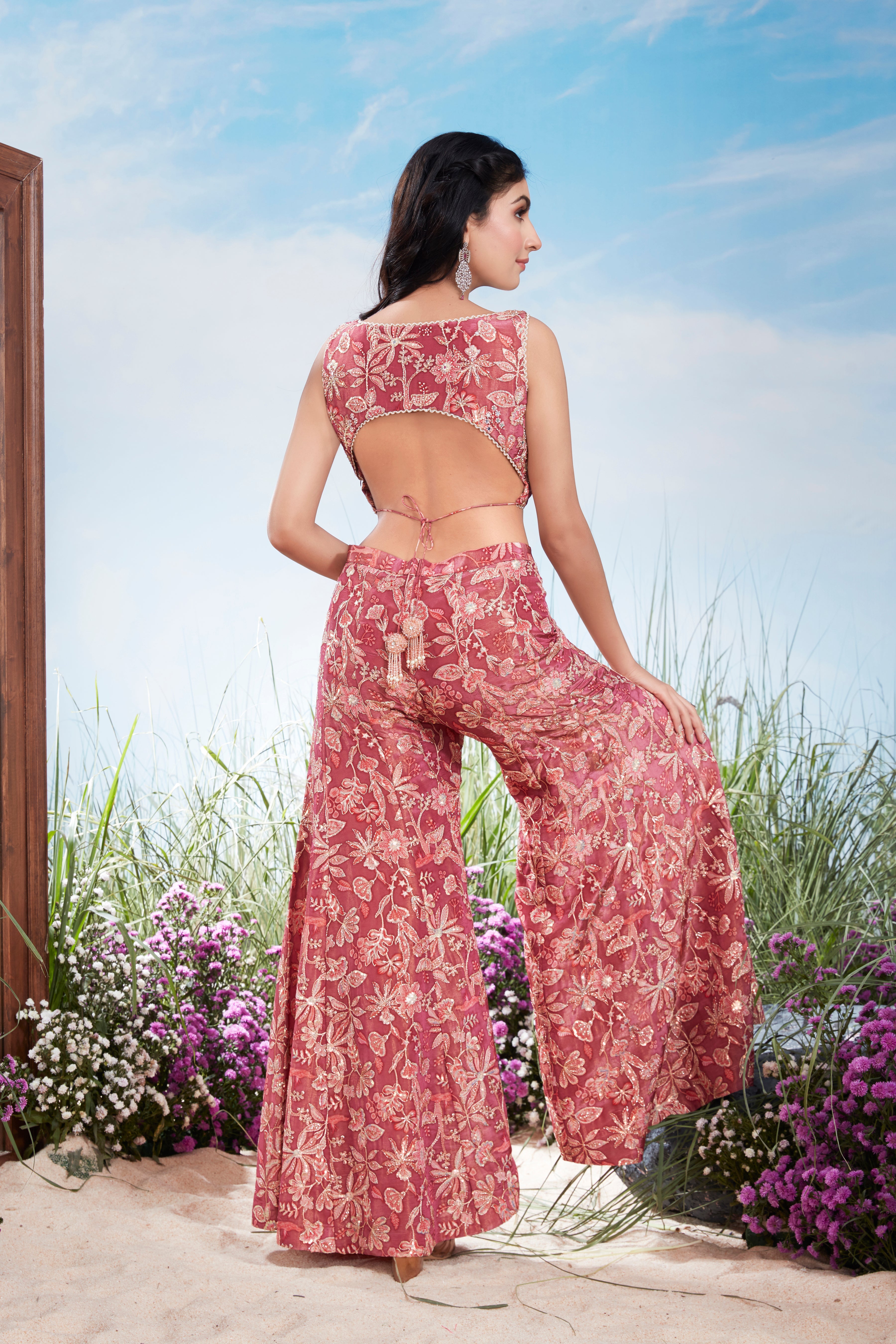 Raspberry Pink Printed Chinon Silk Co-Ord Set