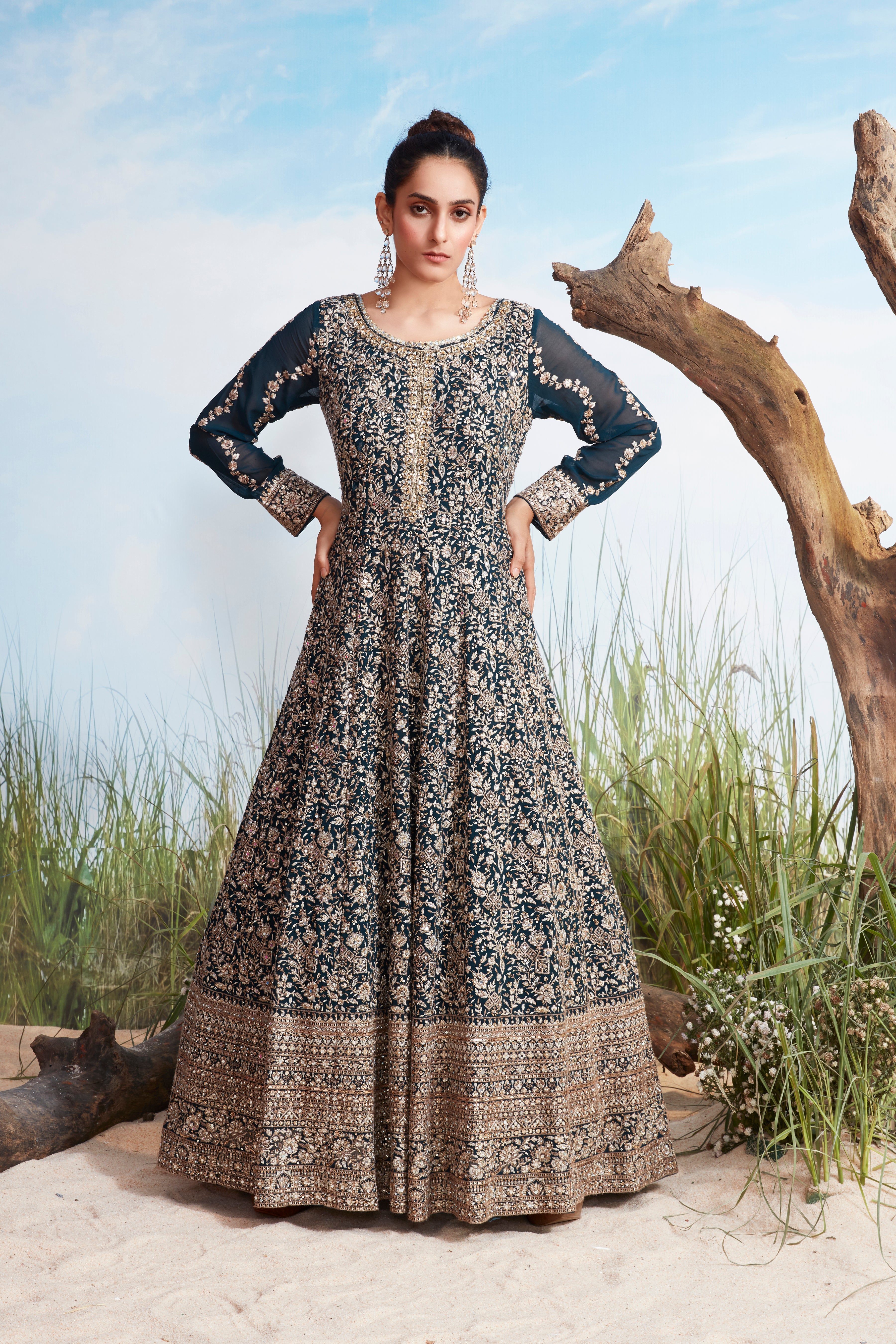 Midnight Blue Embellished Chinon Silk Anarkali Gown