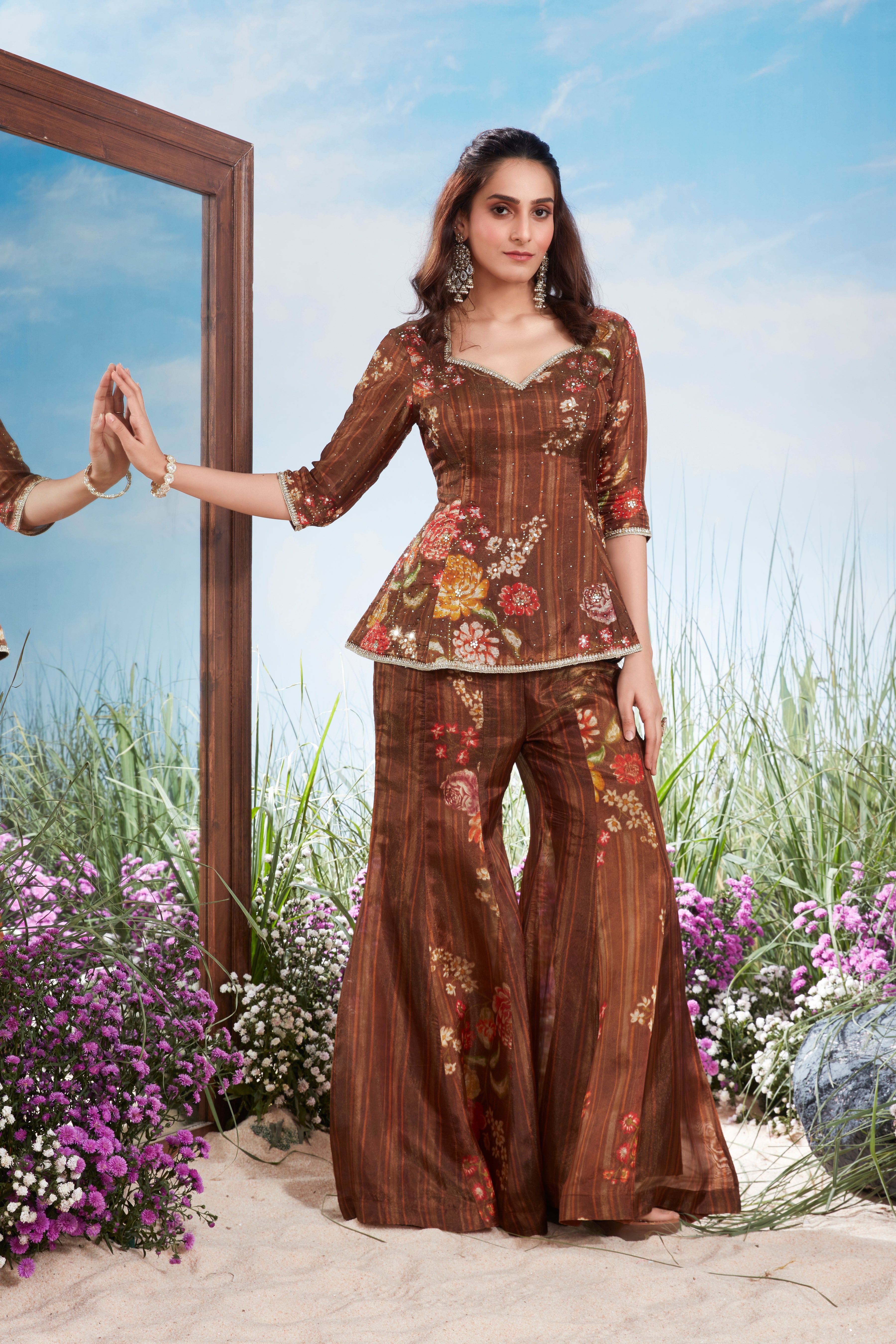 Mocha Brown Embellished Shimmer Tissue Silk Co-Ord Set