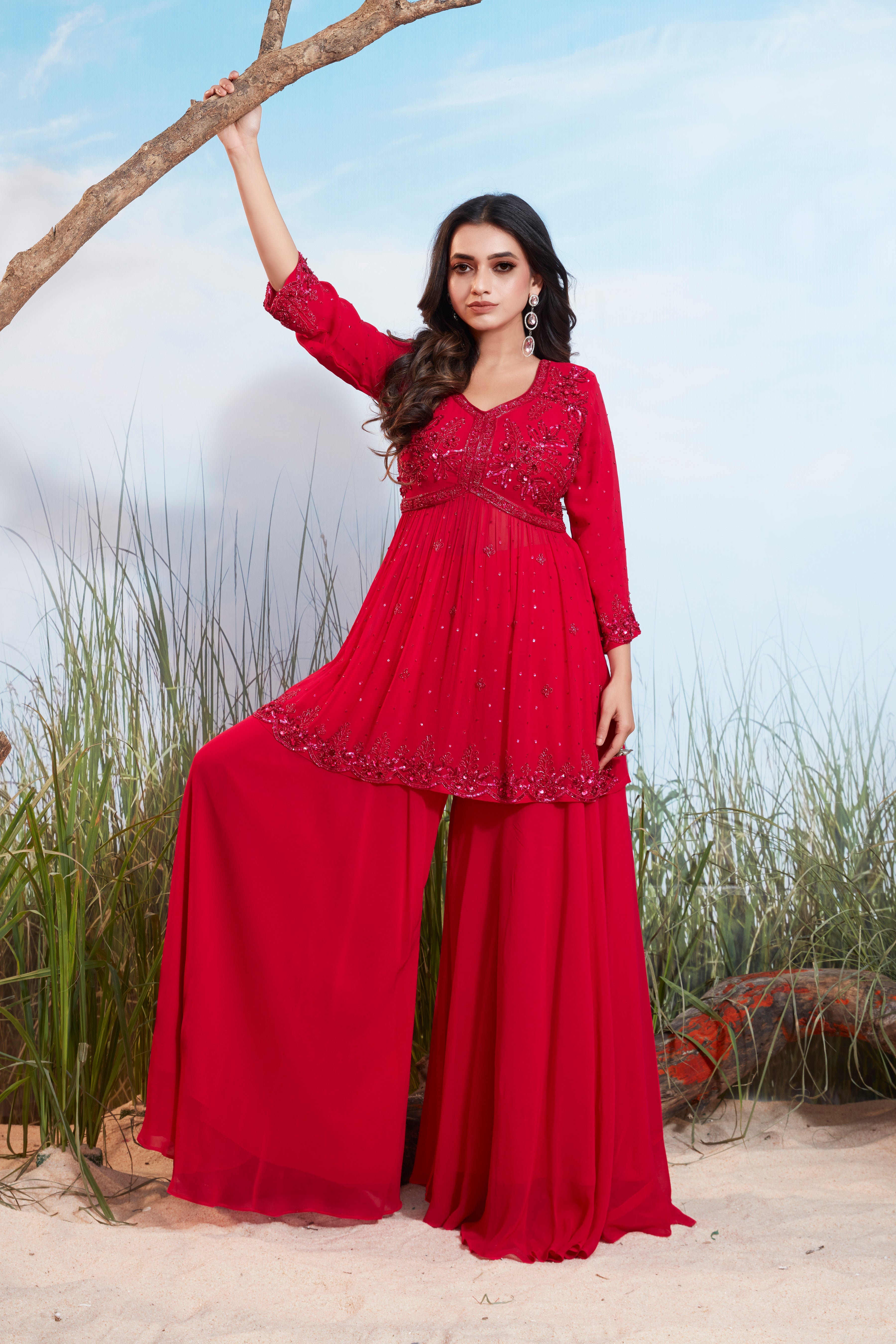 Cherry Red Embellished Georgette Silk Palazzo Set