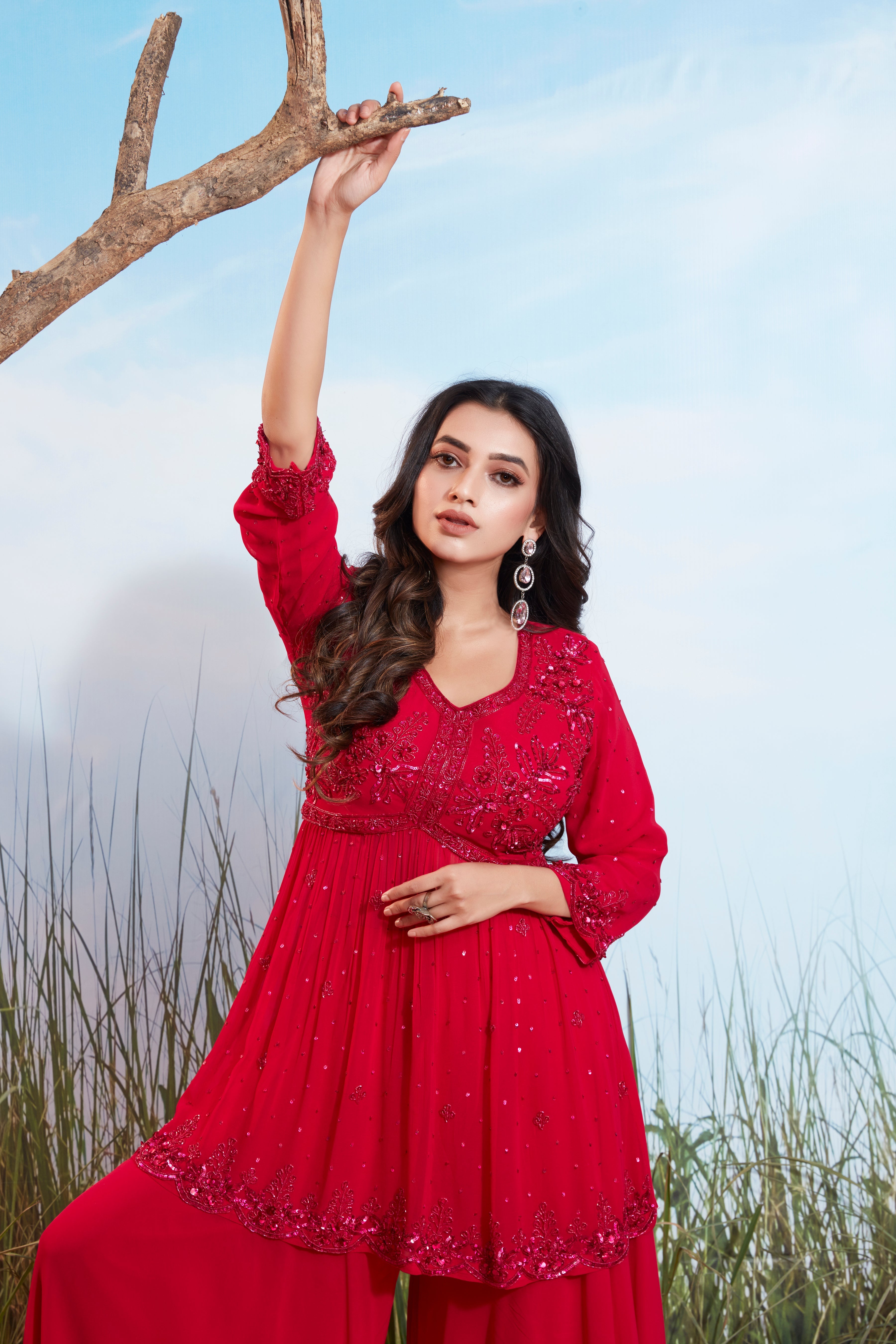 Cherry Red Embellished Georgette Silk Palazzo Set