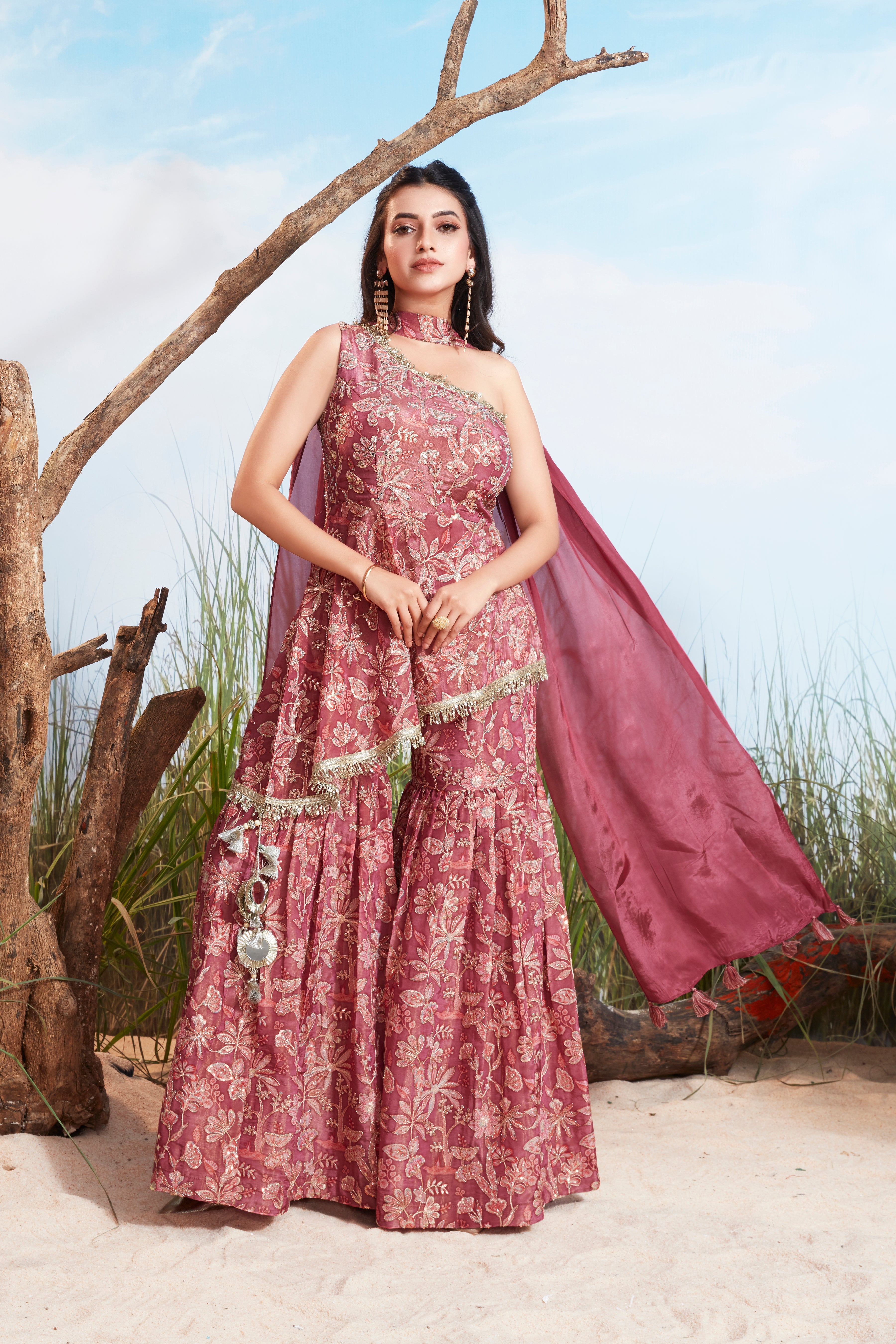 Dusty Rose Embellished Chinon Silk Sharara Set