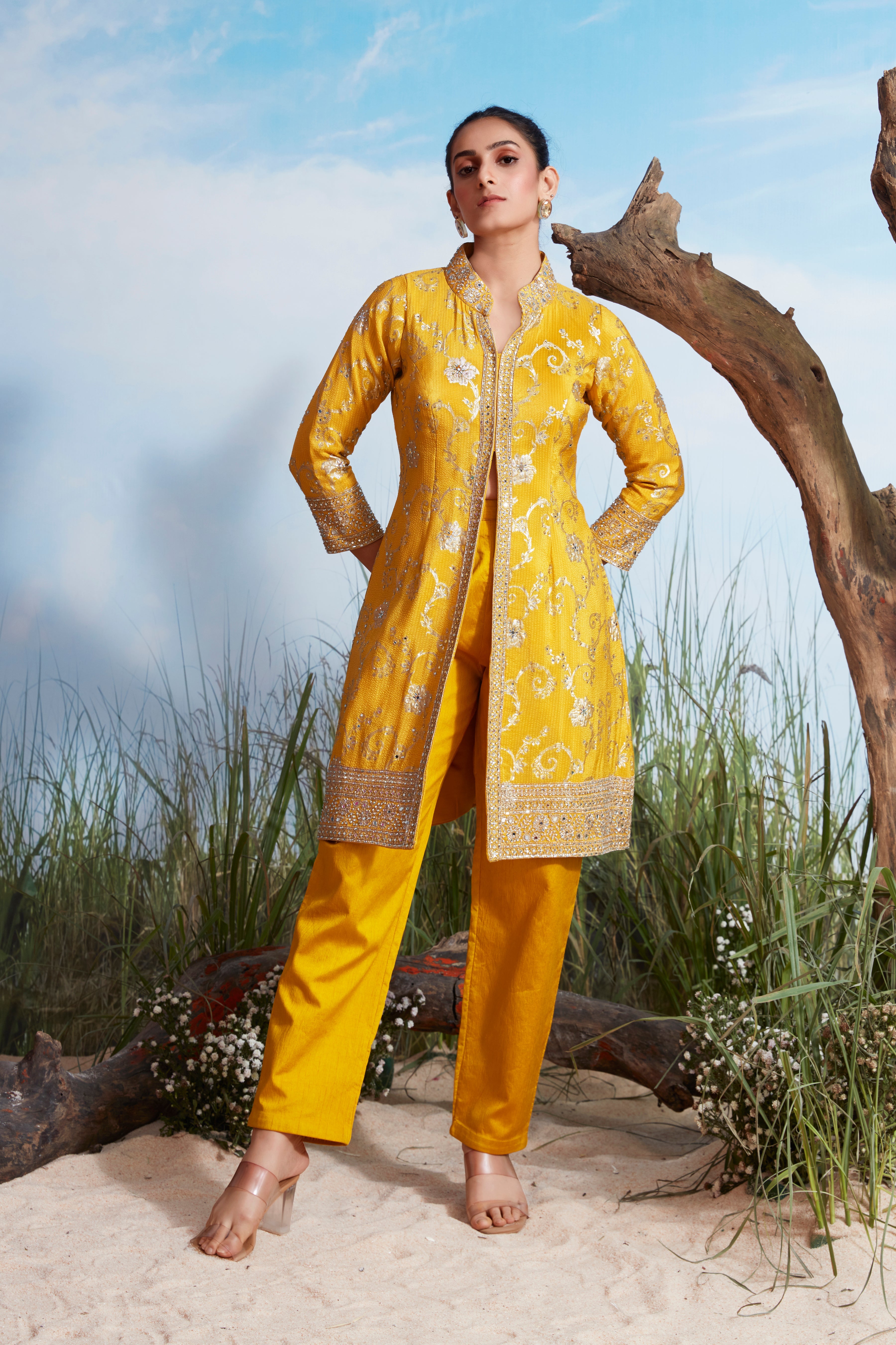 Mustard Yellow Embellished Brocade Silk Kurta Set