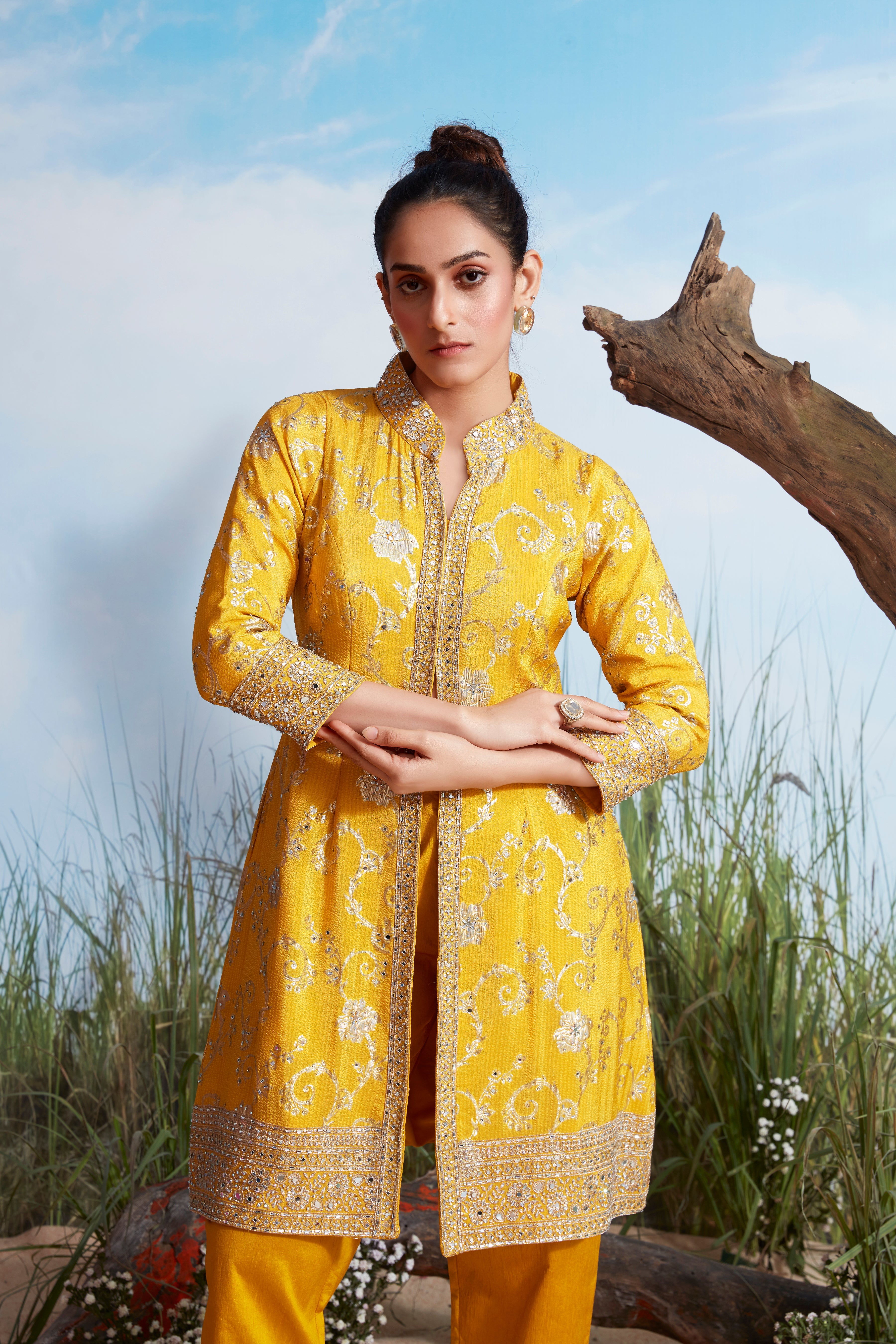 Mustard Yellow Embellished Brocade Silk Kurta Set