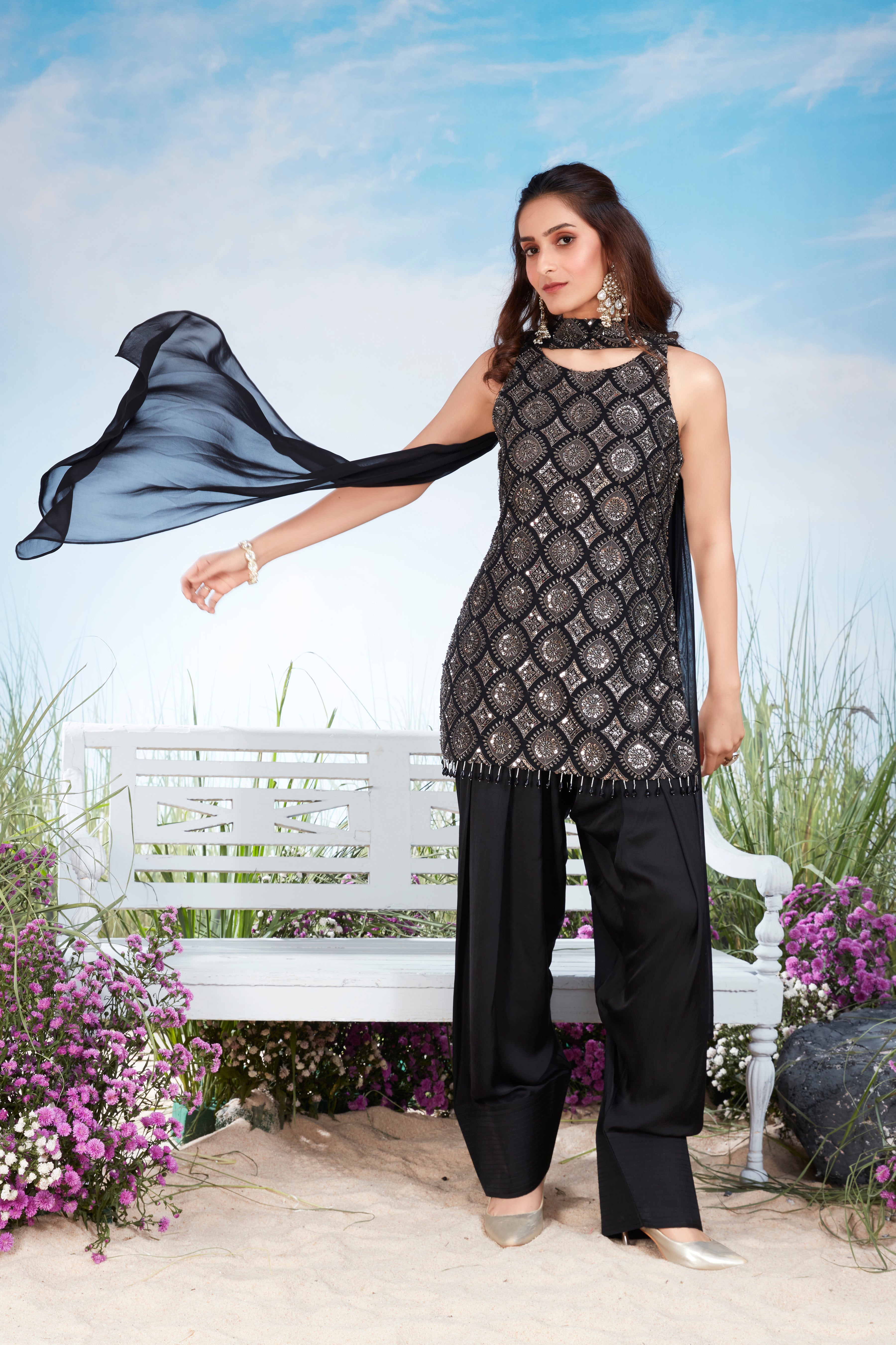 Jet Black Embellished Satin Silk Pant Set