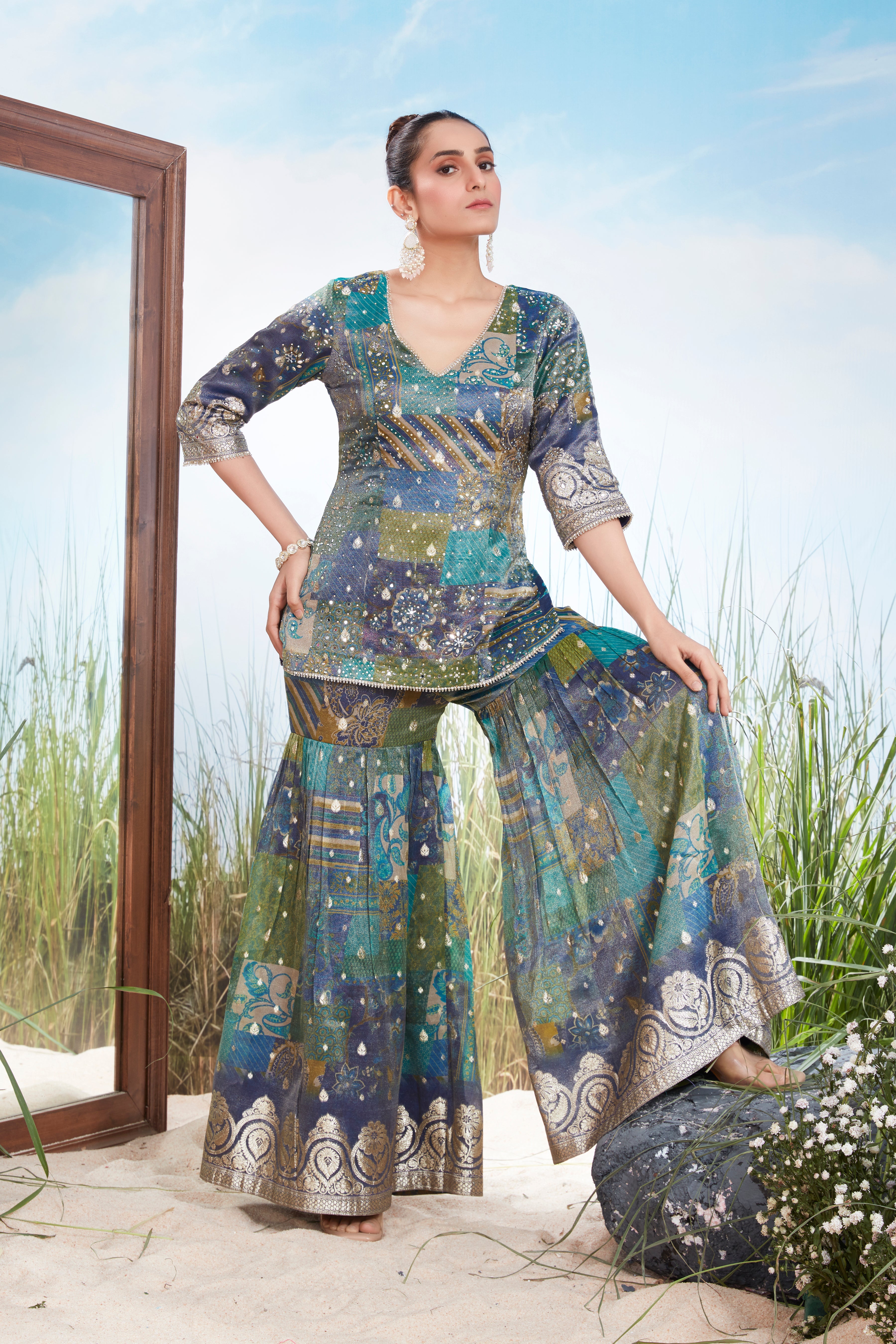 Peacock Blue  Embellished Shimmer Tissue Silk Sharara Set