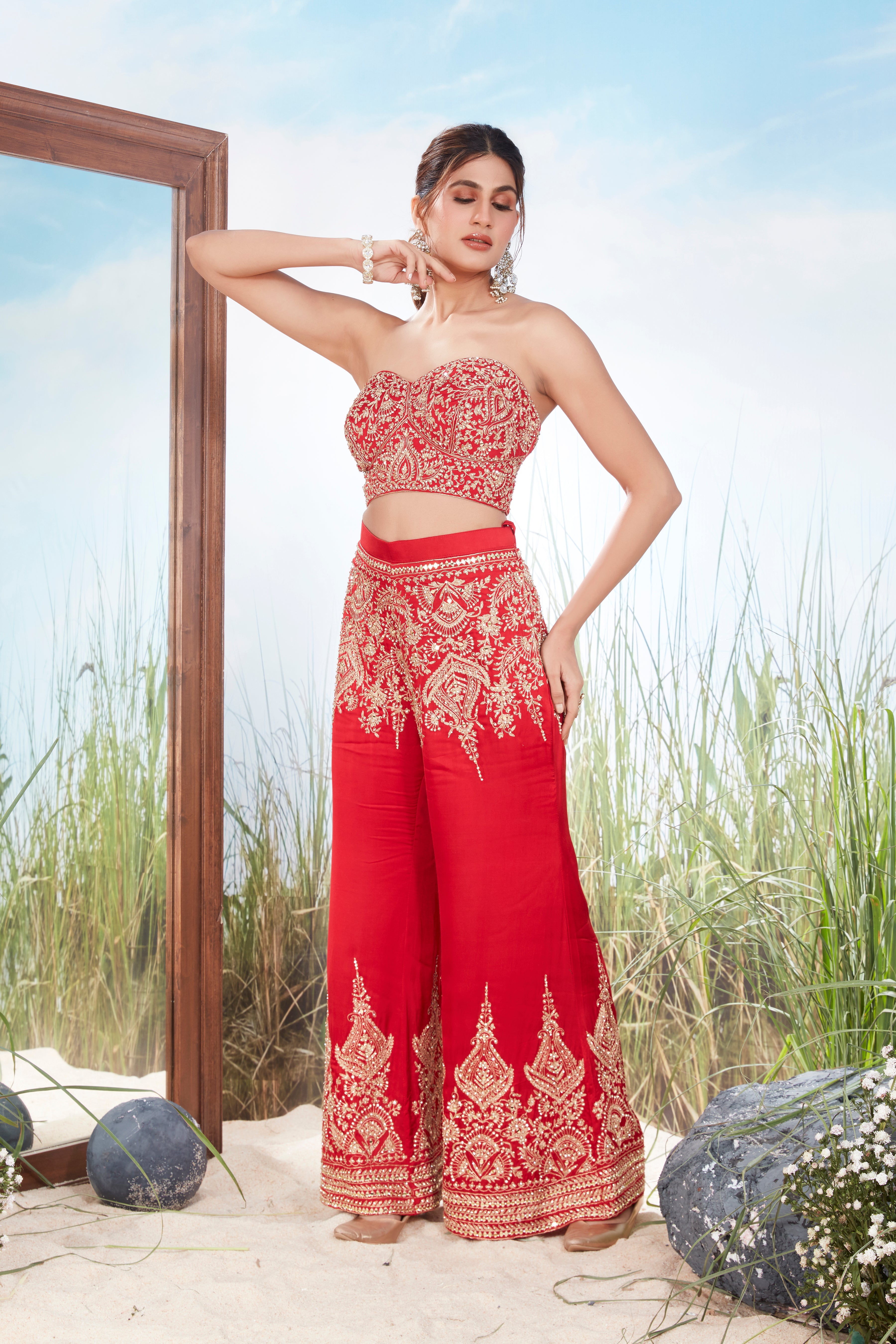 Poppy Red Embellished Chinon Silk Co-Ord Set