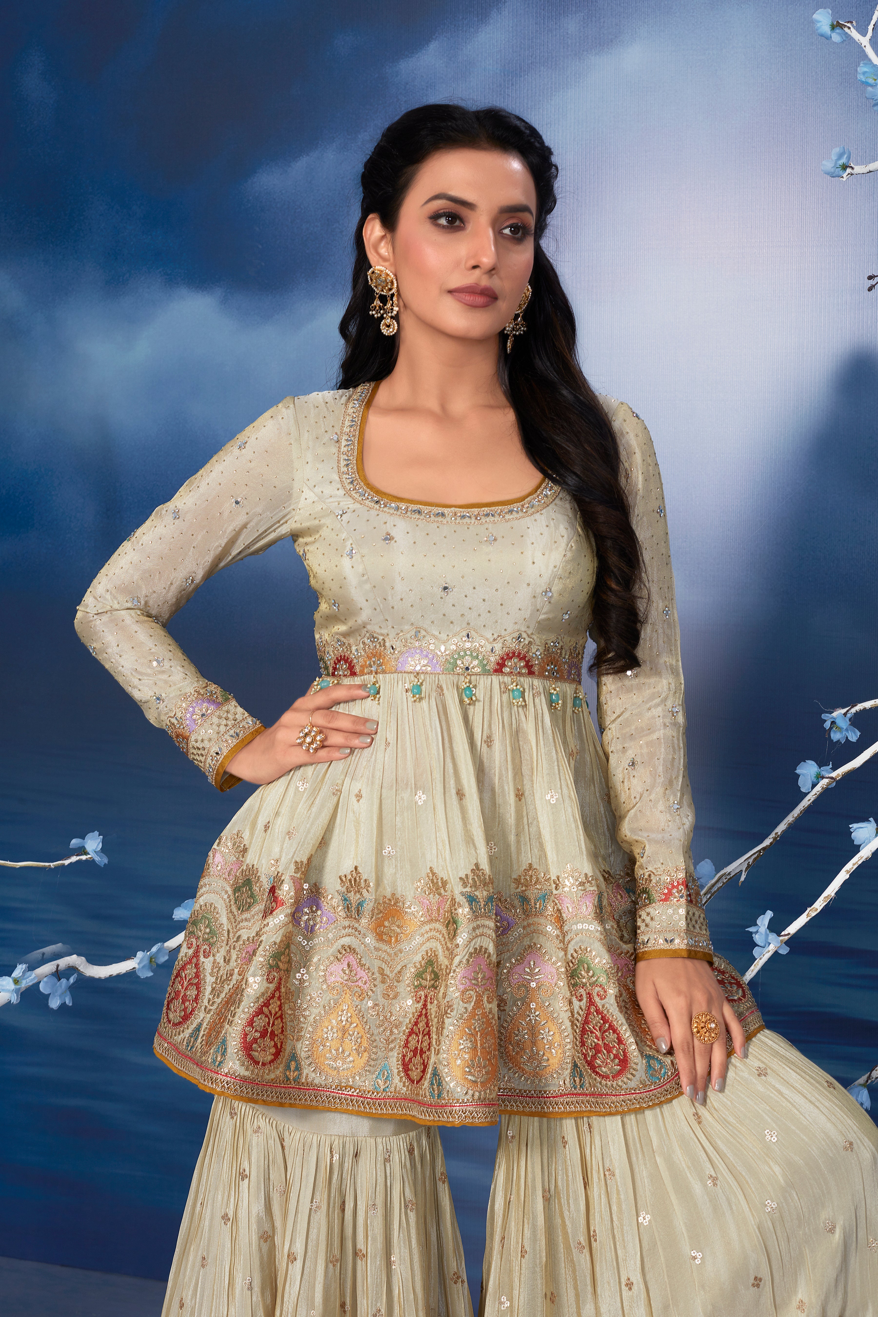 Champagne Gold Embellished Habutai Silk Peplum Sharara Set