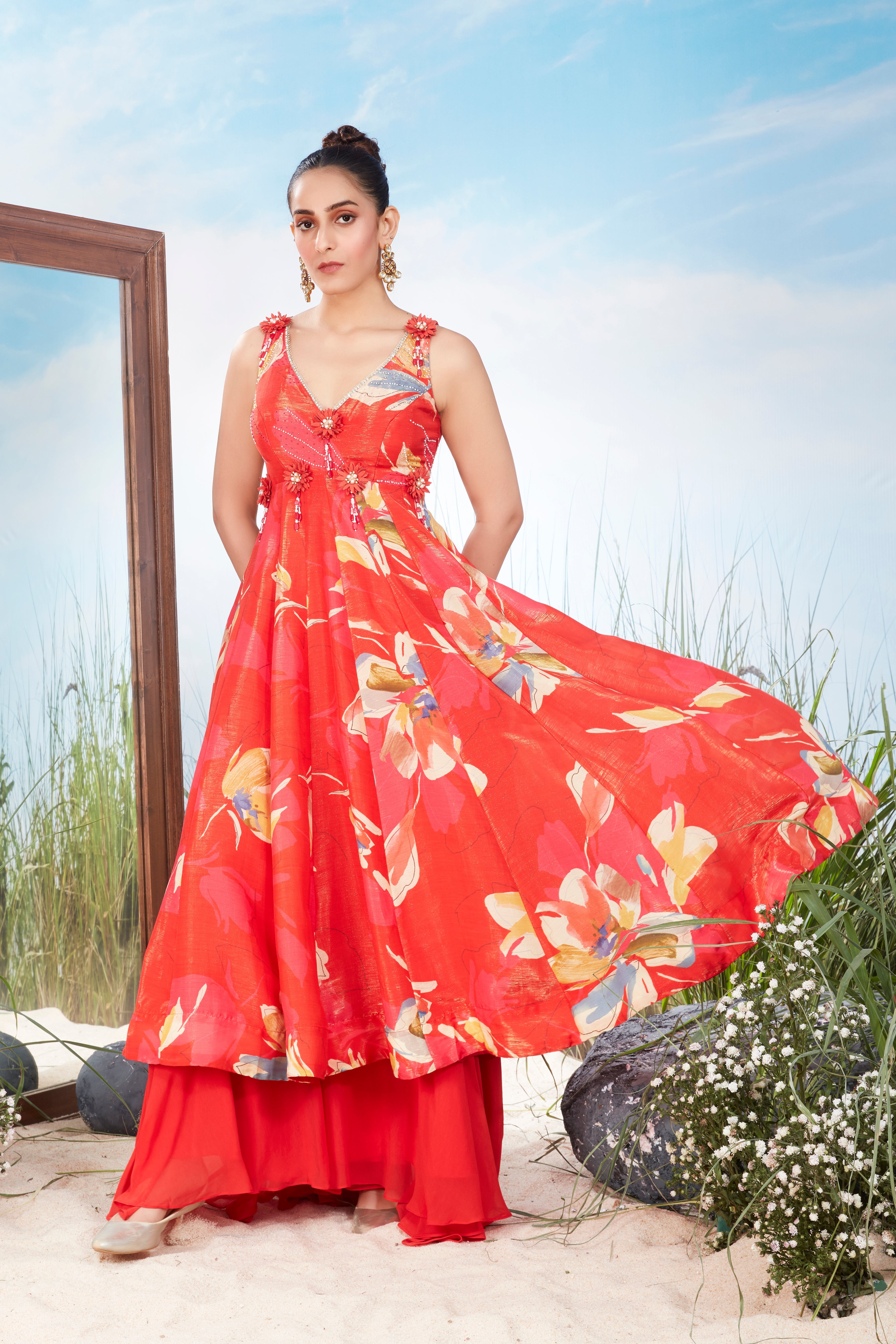 Coral Orange Embellished Georgette Silk Palazzo Set