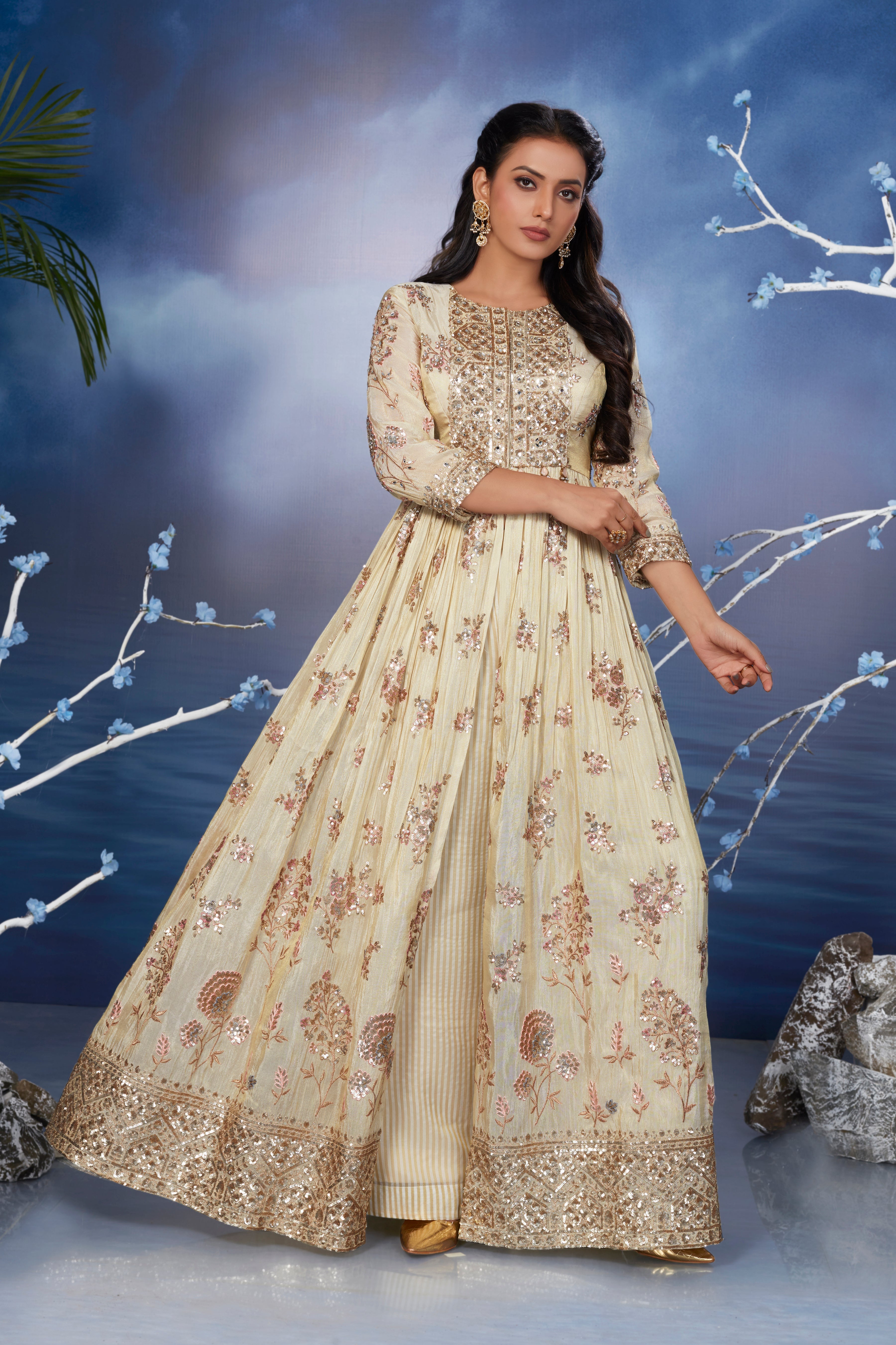 Beige Heavy Embellished Spanish Silk Anarkali Set