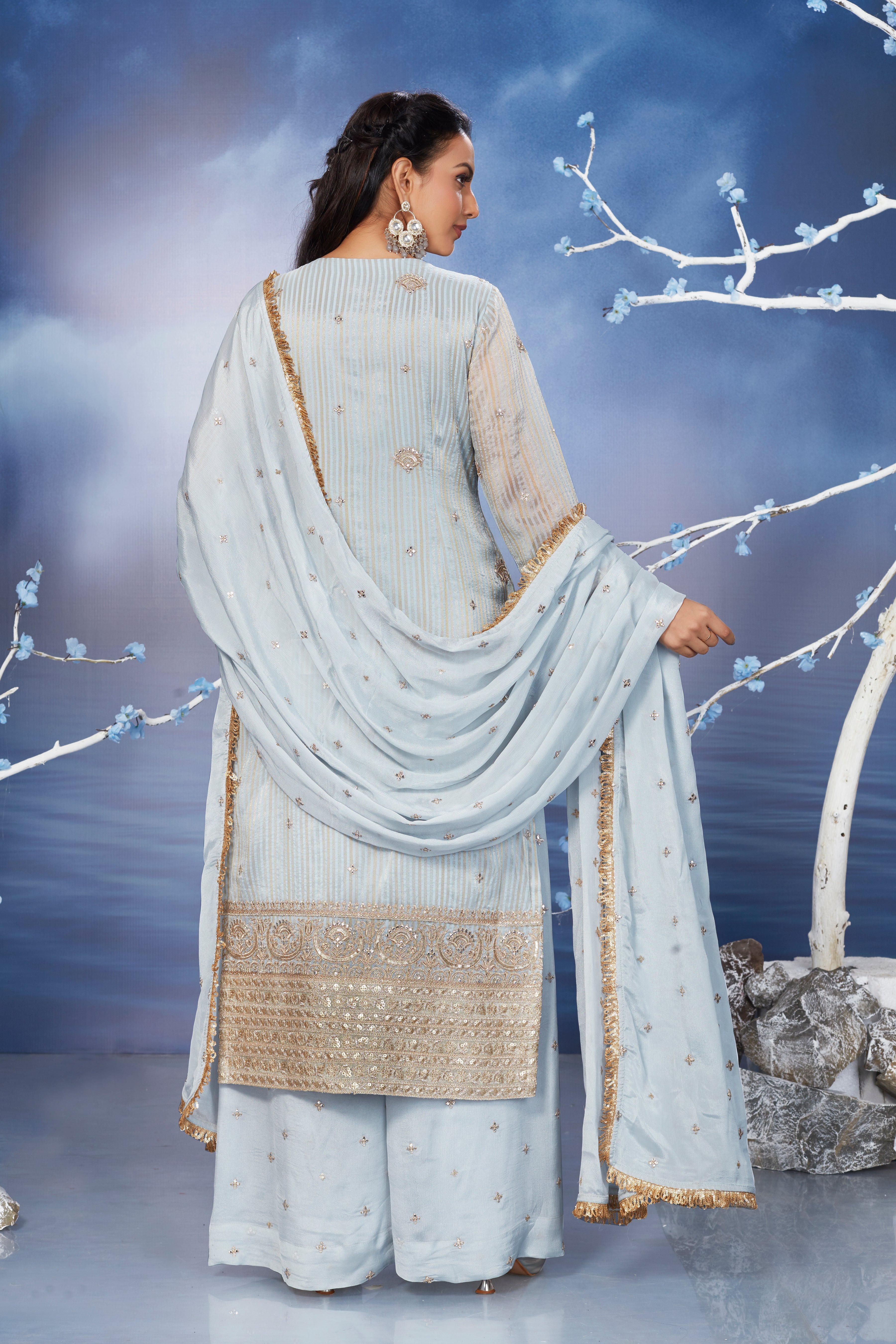 Light Blue Embroidered Georgette Silk Palazzo Set