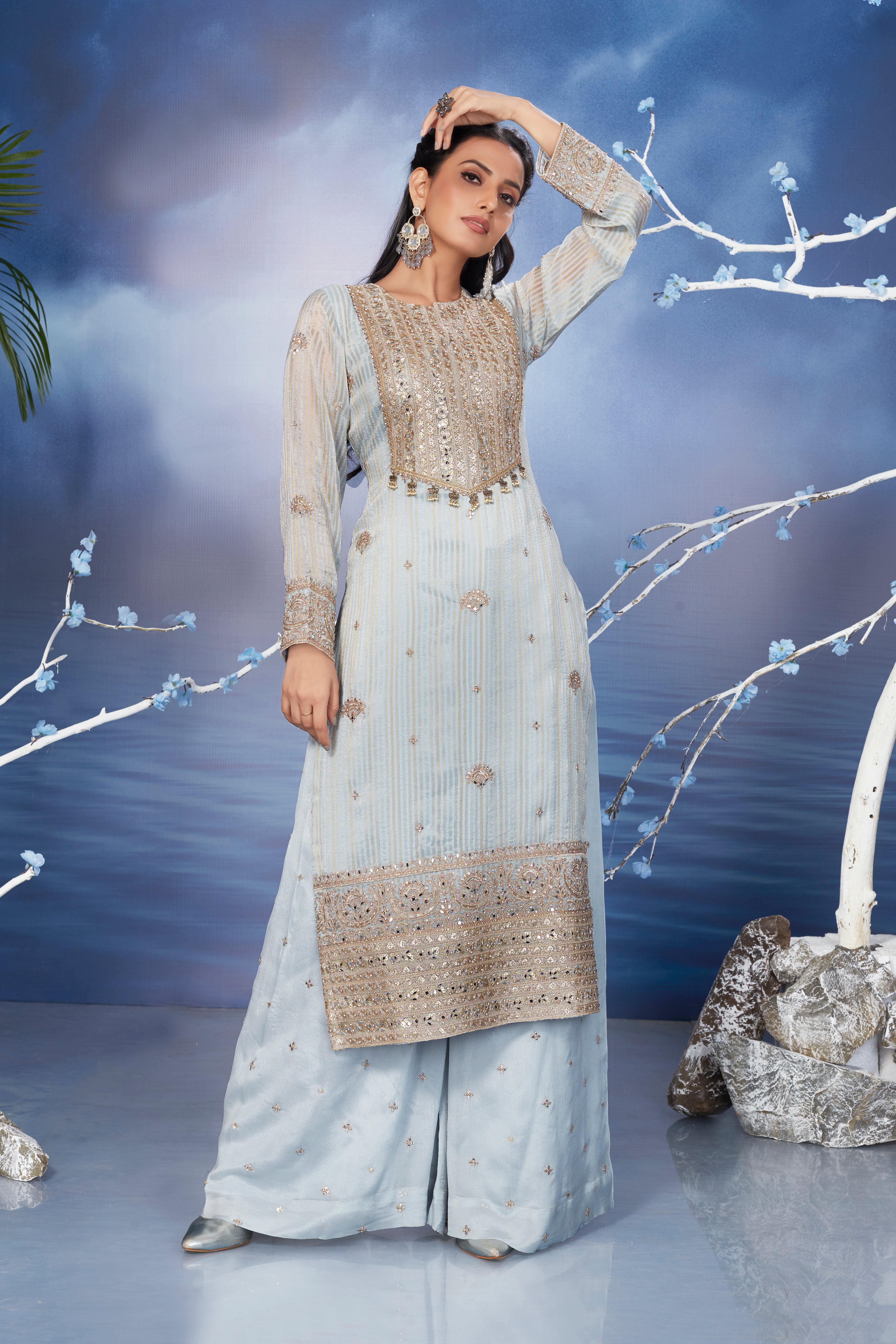 Light Blue Embroidered Georgette Silk Palazzo Set