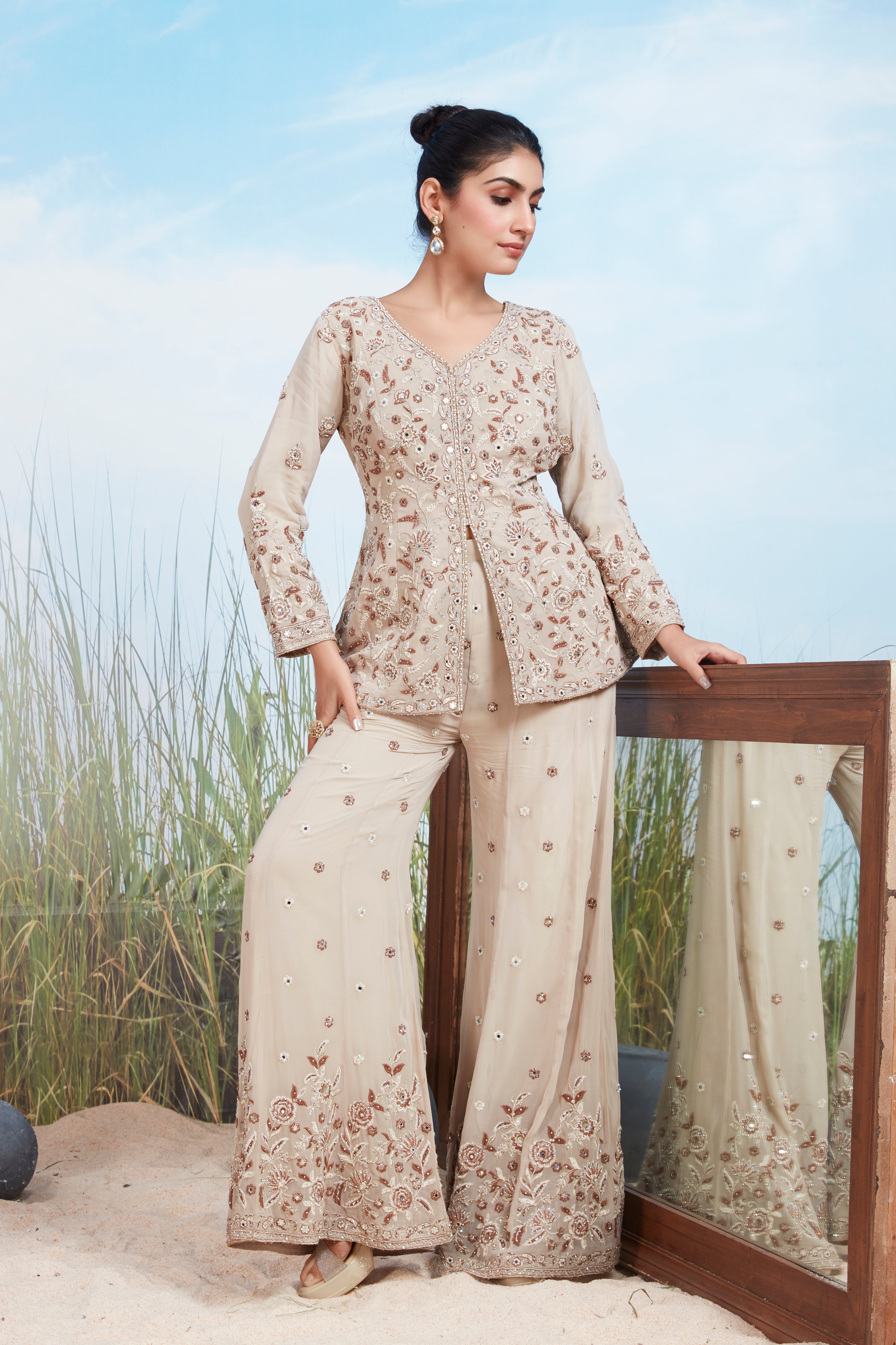 Dusty Beige Embroidered Georgette Silk Co-Ord Set