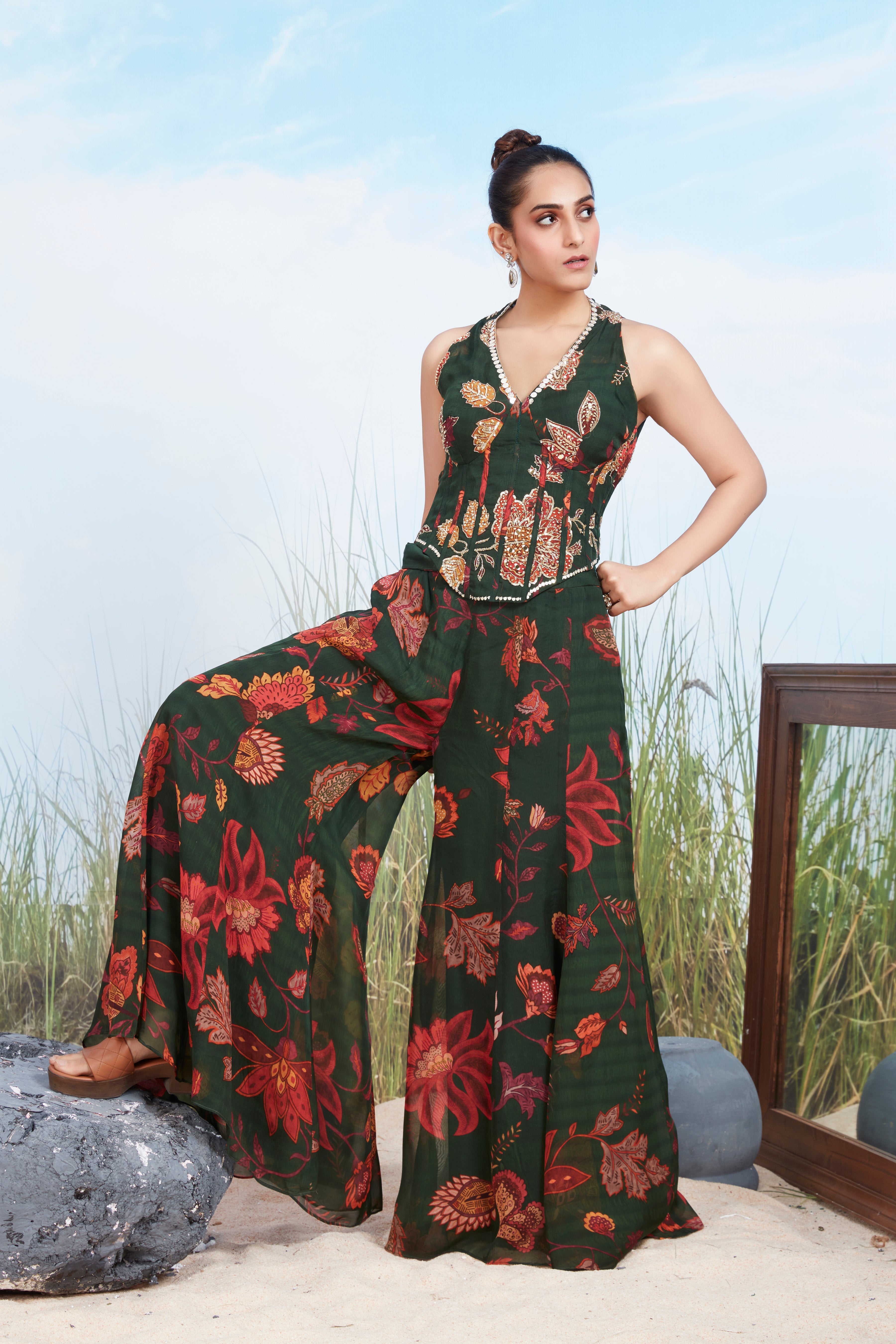 Forest Green Printed Georgette Silk Palazzo Set