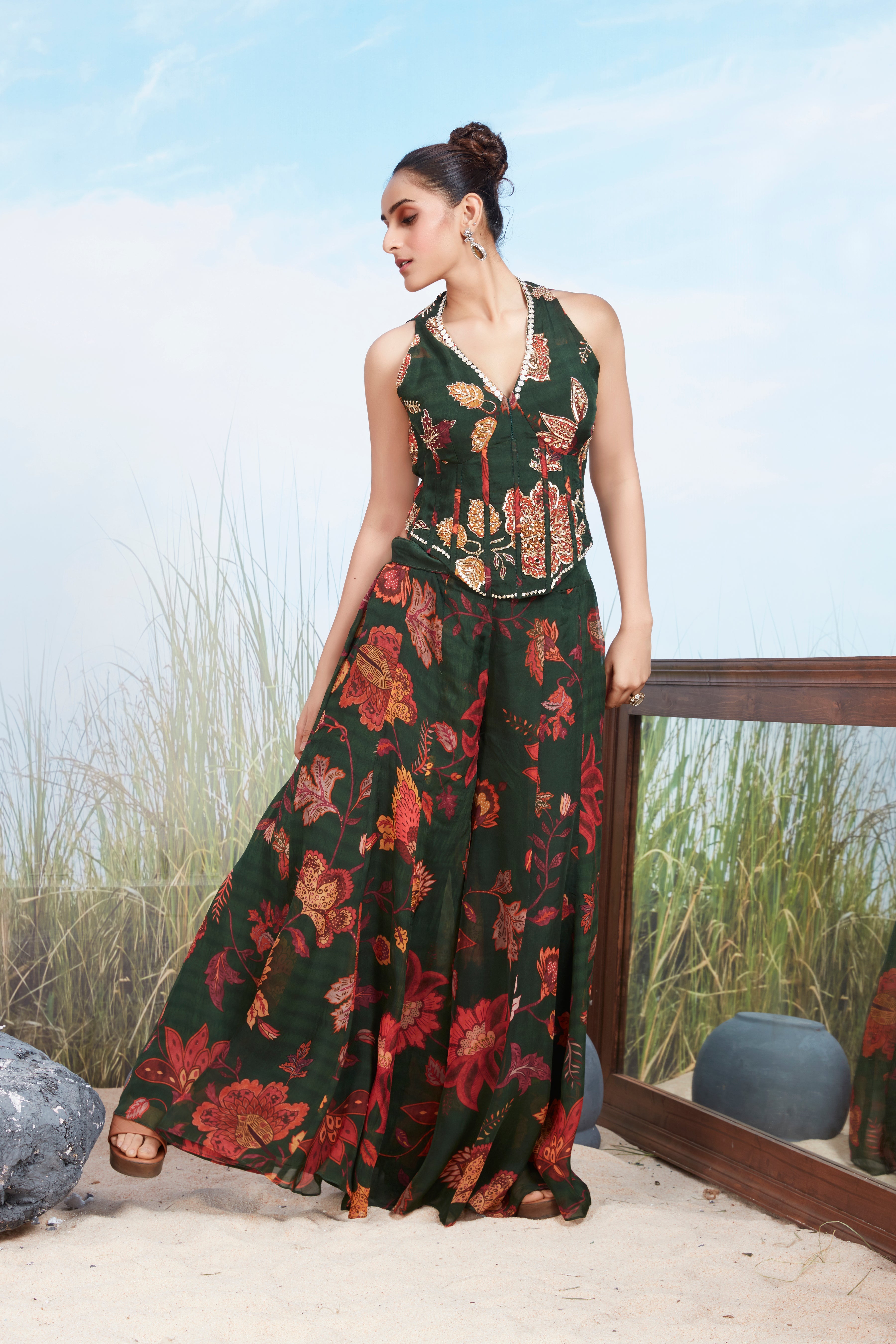 Forest Green Printed Georgette Silk Palazzo Set