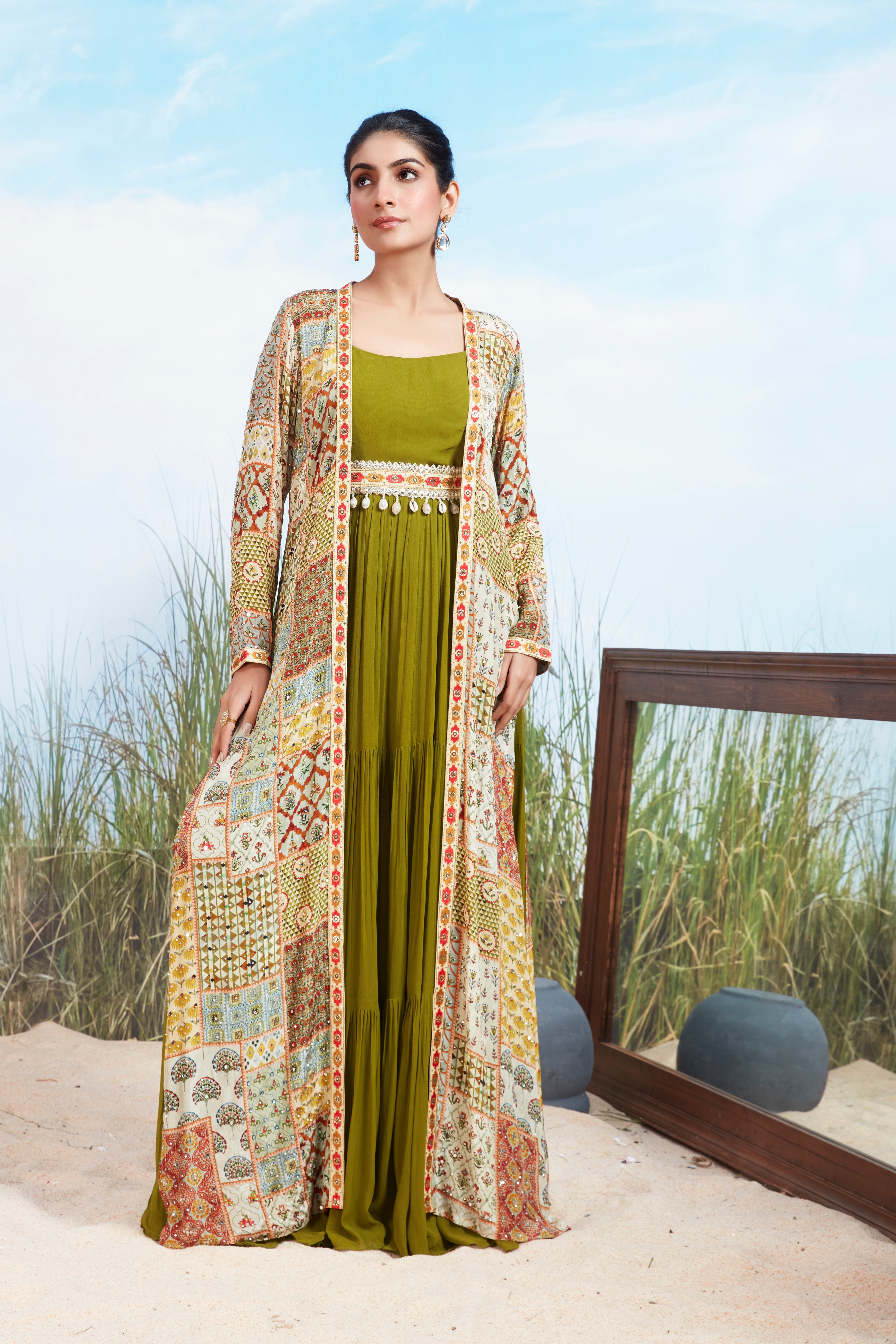 Olive Green Printed Georgette Silk Gown Set