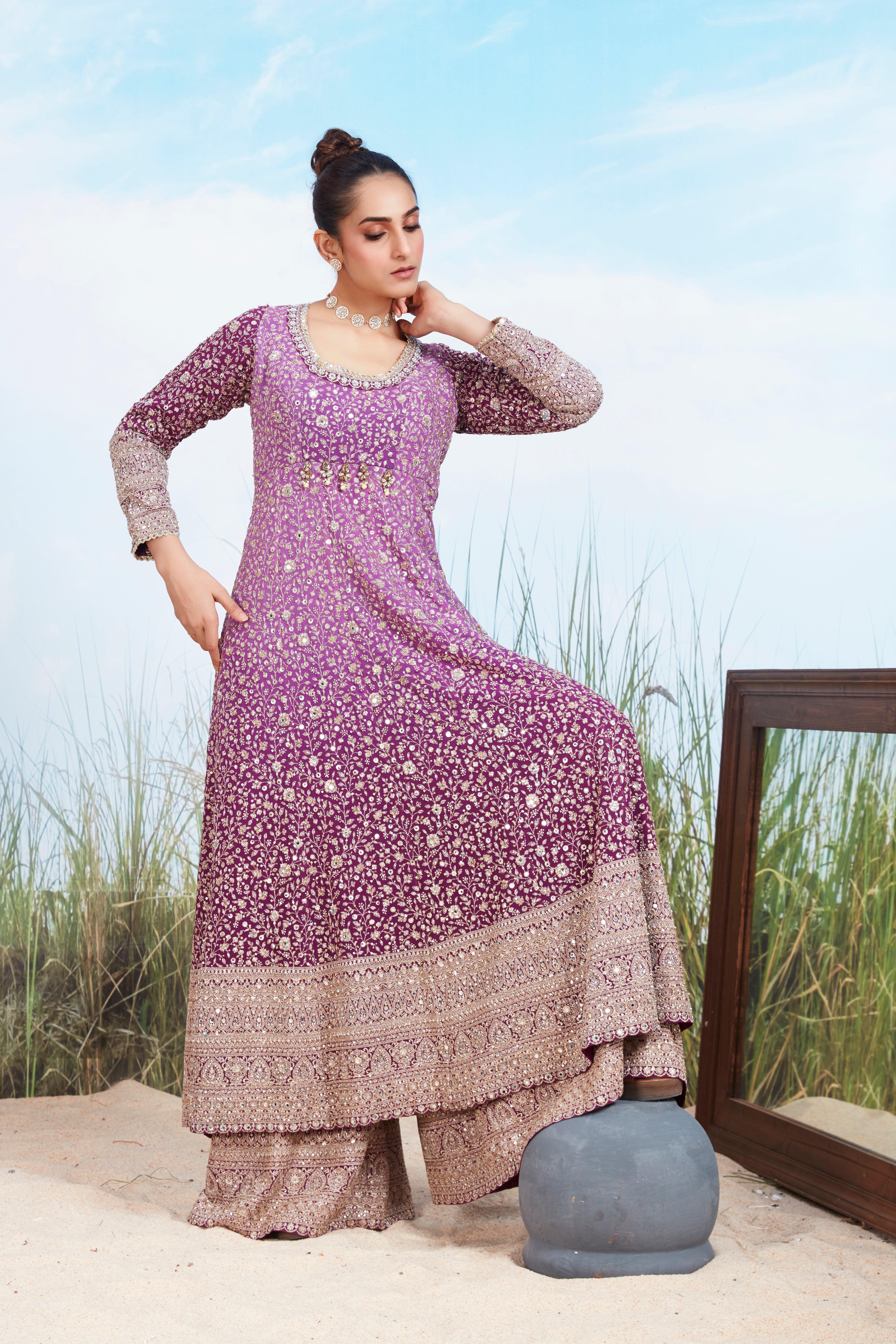 Lavender Embellished Georgette Silk Palazzo Set