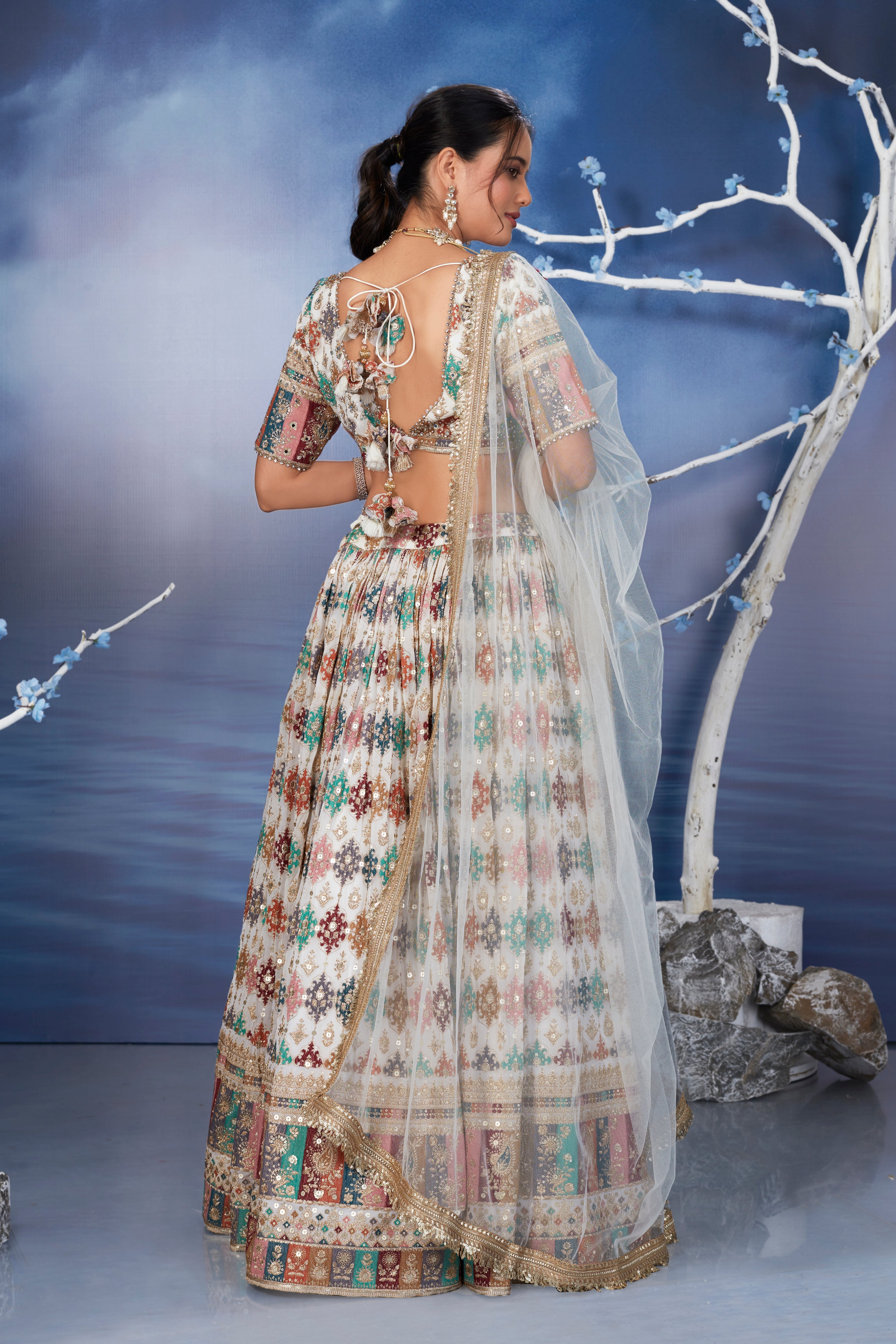 Pastel White Floral Embellished Premium Silk Lehenga Set