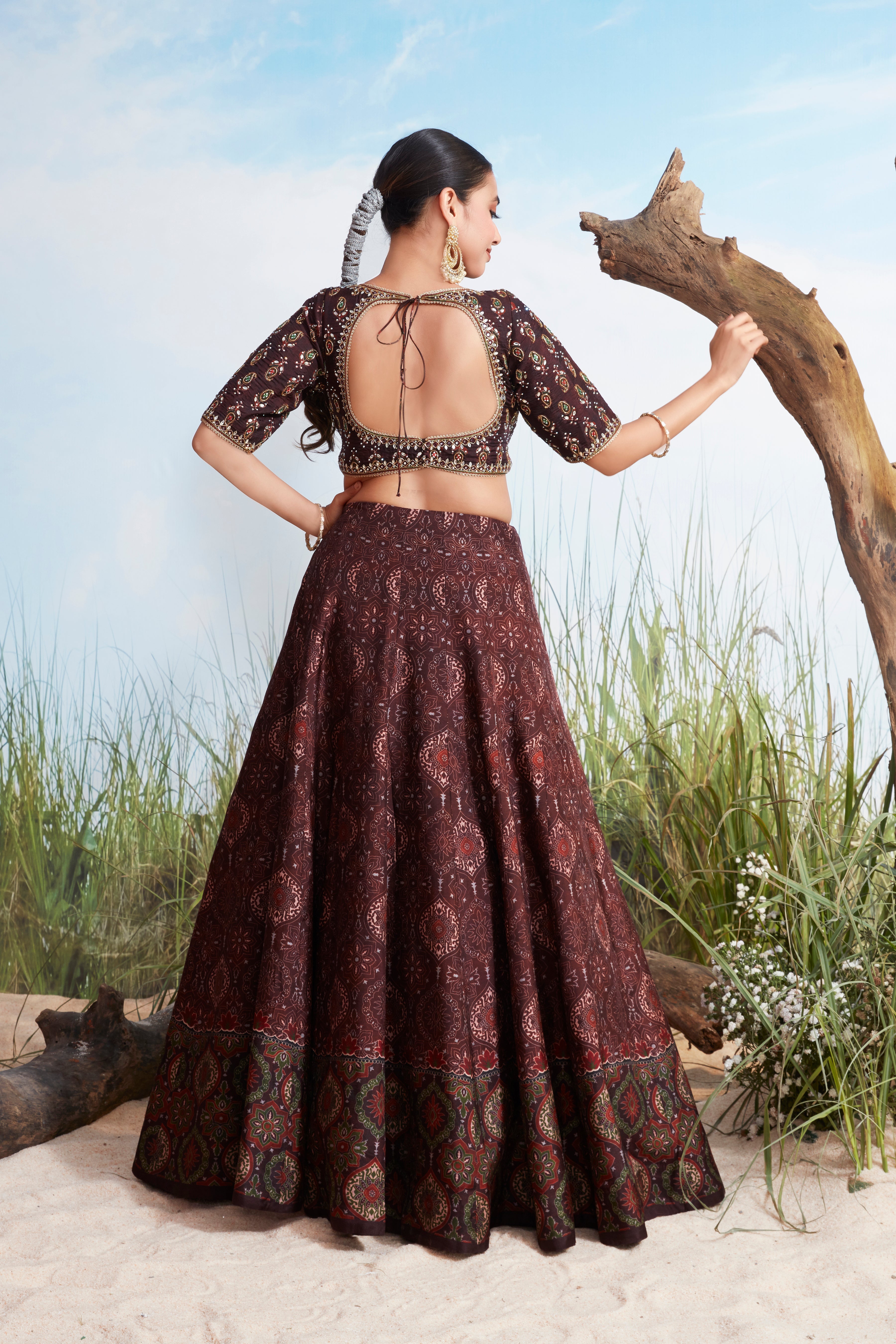Maroon Brown Printed Raw Silk Lehenga Set