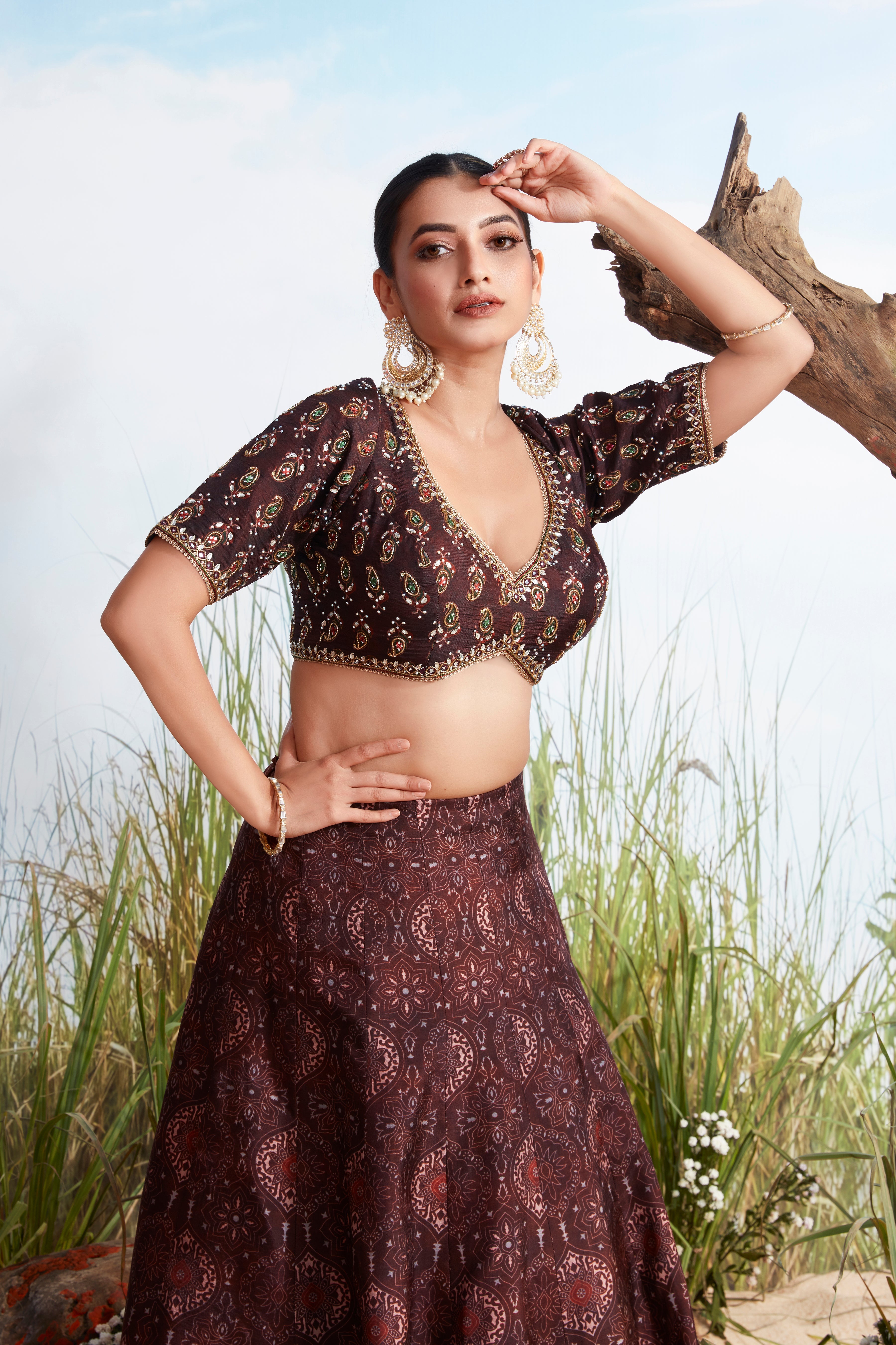 Maroon Brown Printed Raw Silk Lehenga Set