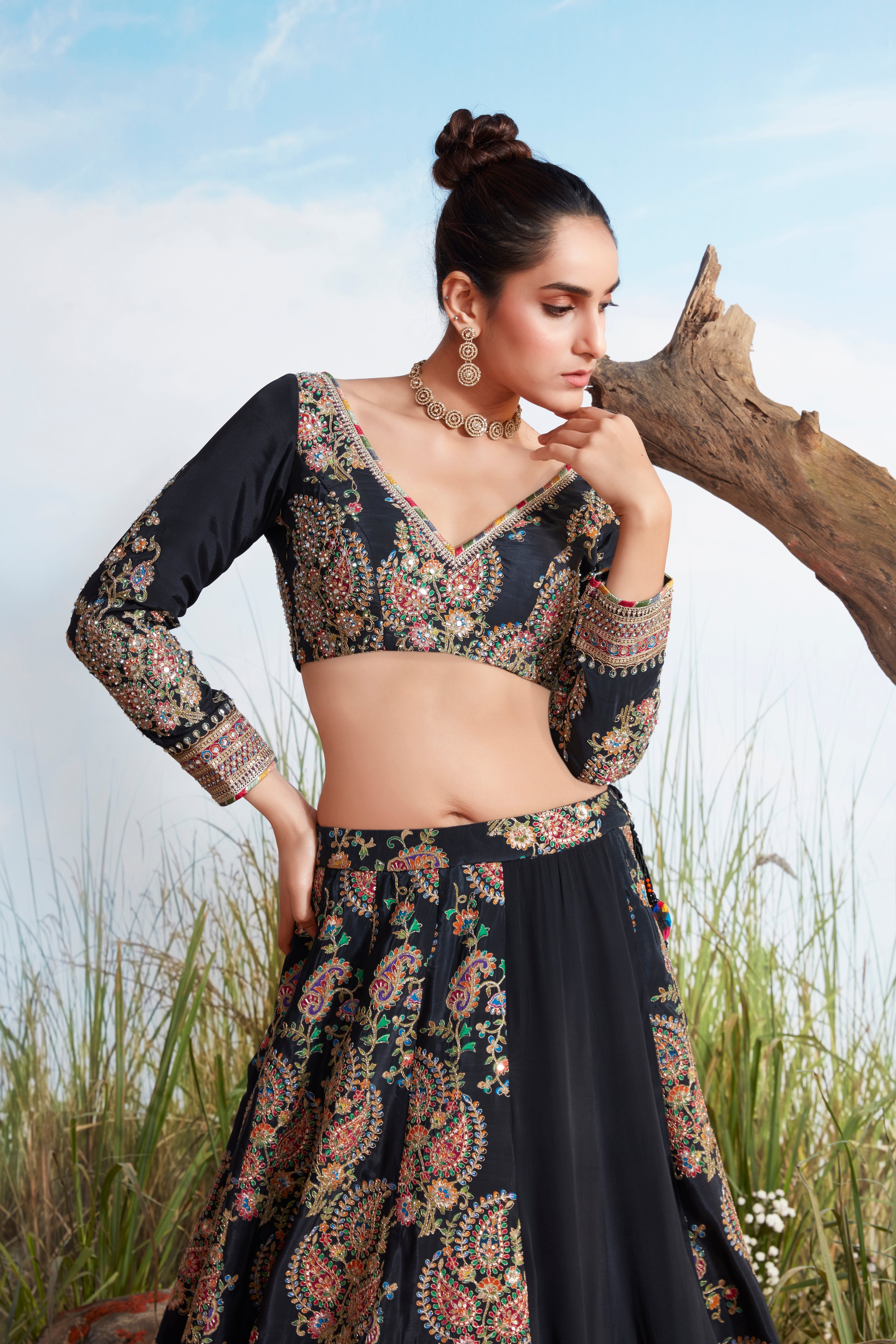 Raven Black Embellished Crepe Silk Lehenga Set