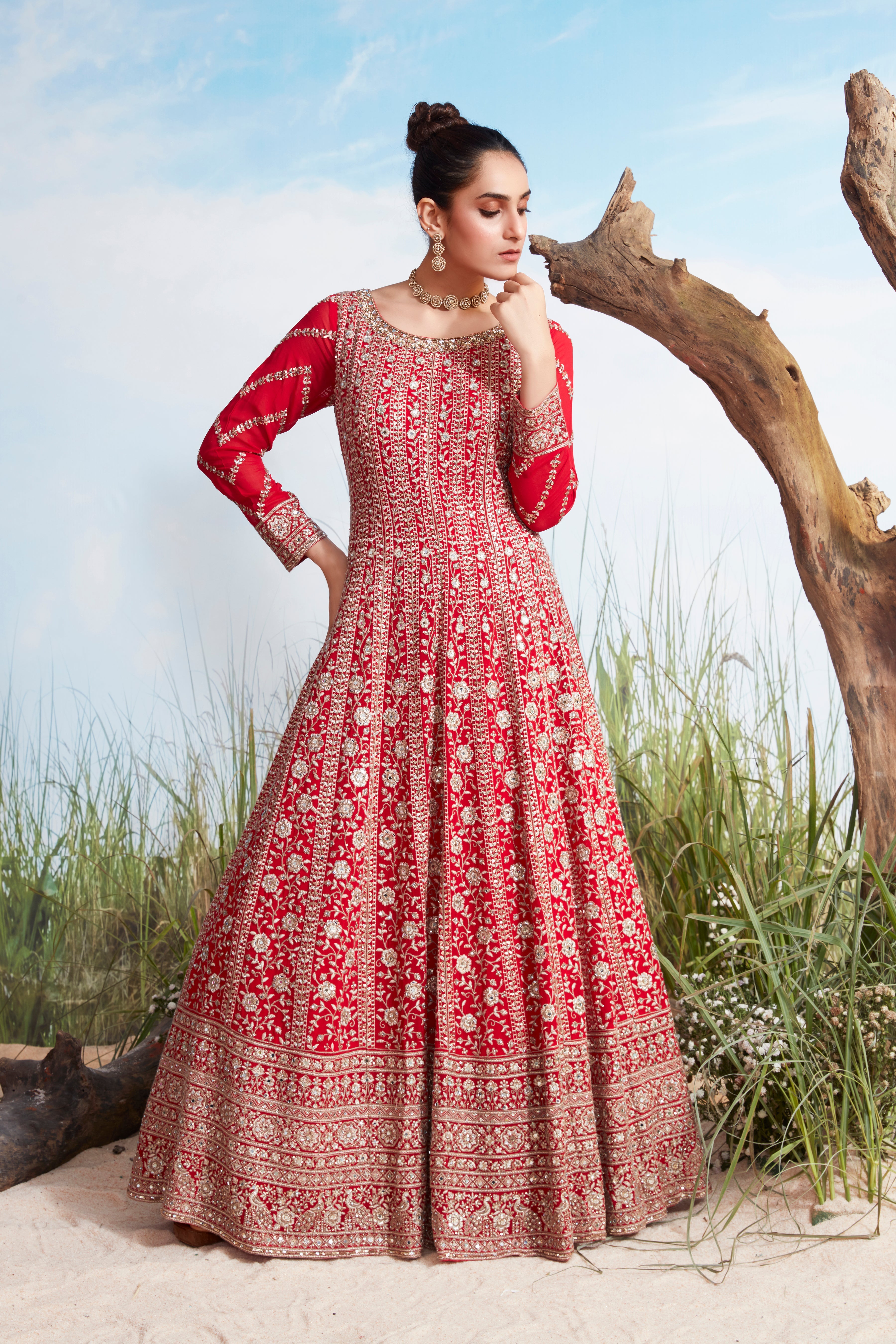 Scarlet Red Embellished Georgette Silk Anarkali Gown