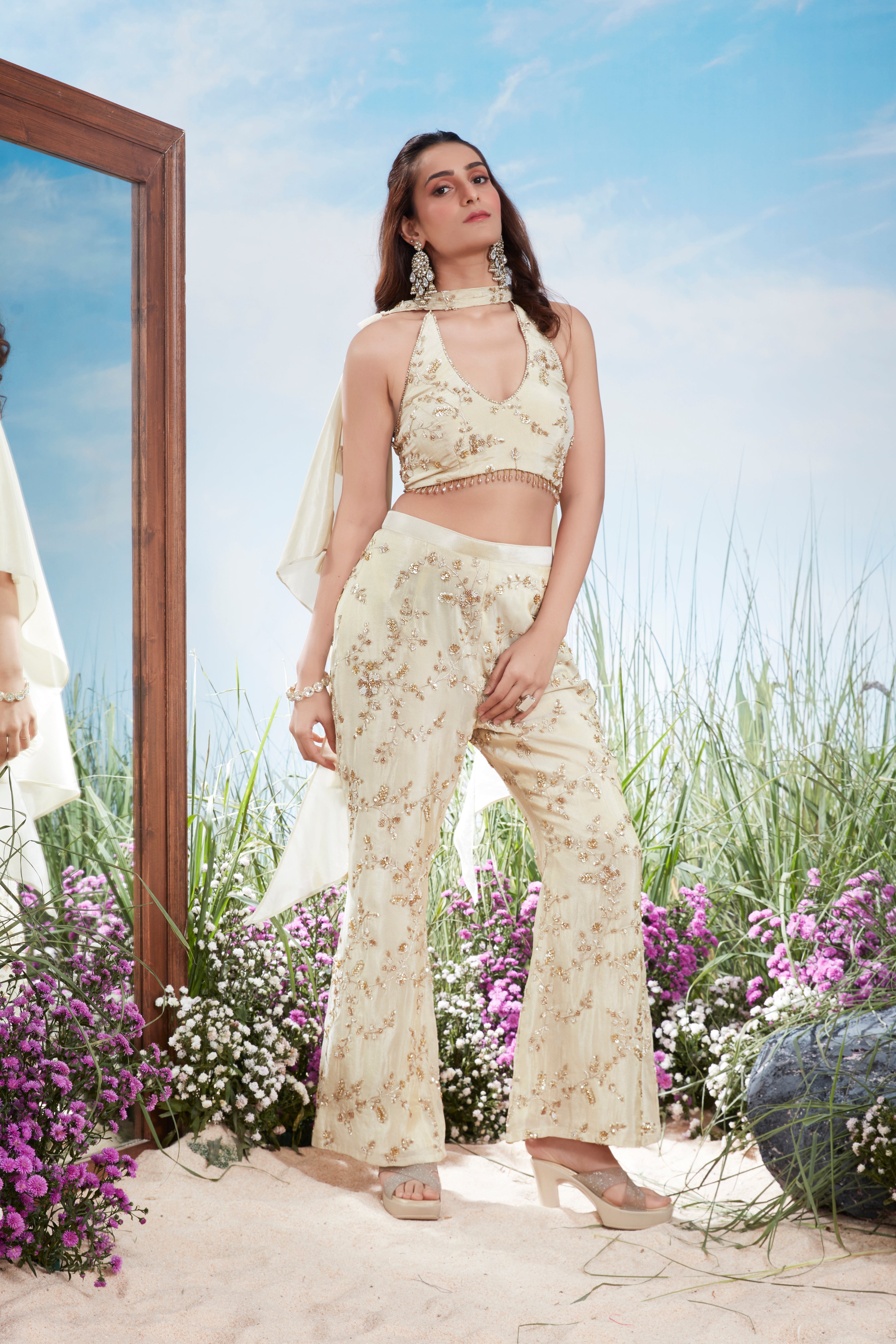 Cream Beige Embellished Uppada Silk Pant Set