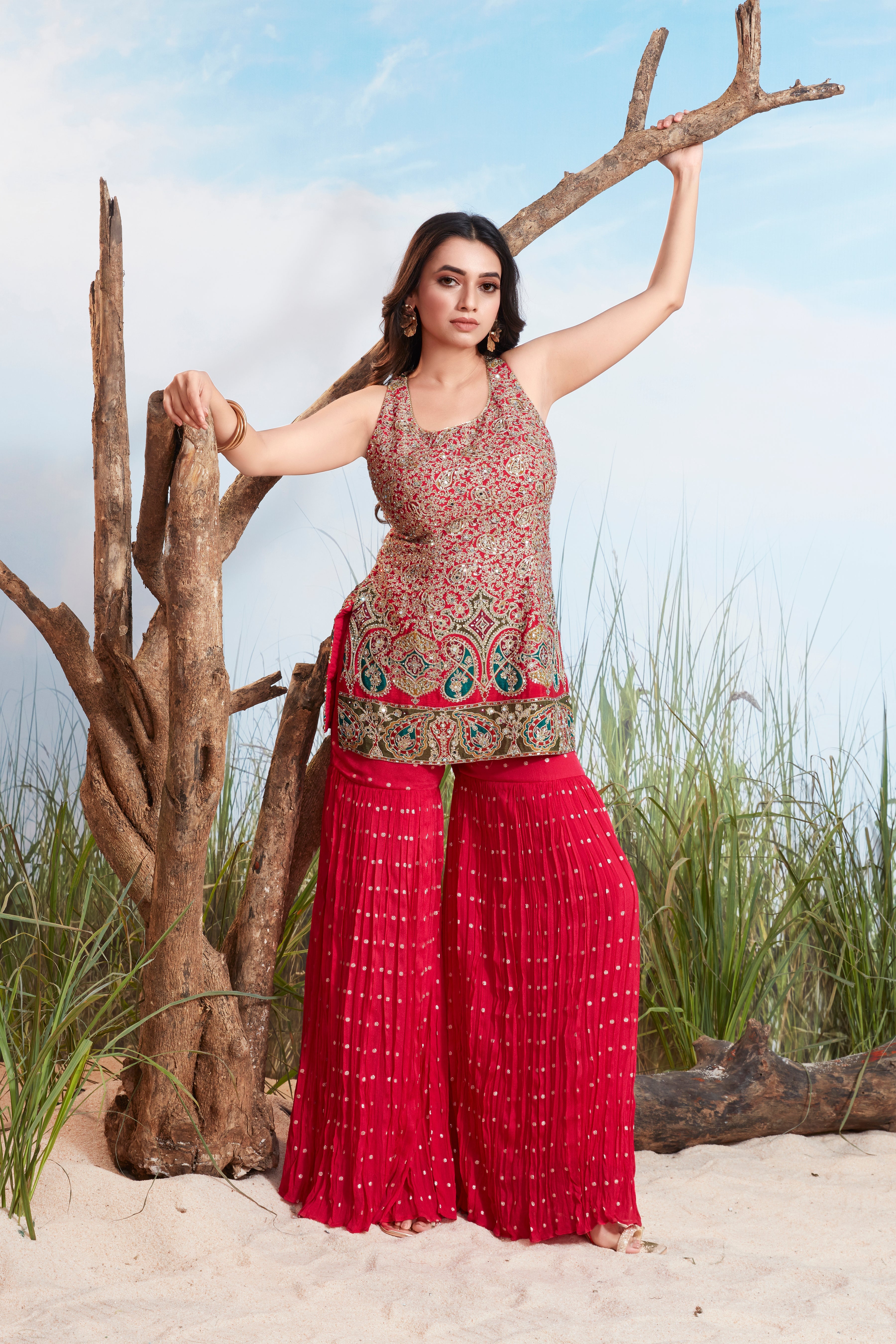 Vibrant Pink Embellished Chinon Silk Sharara Set