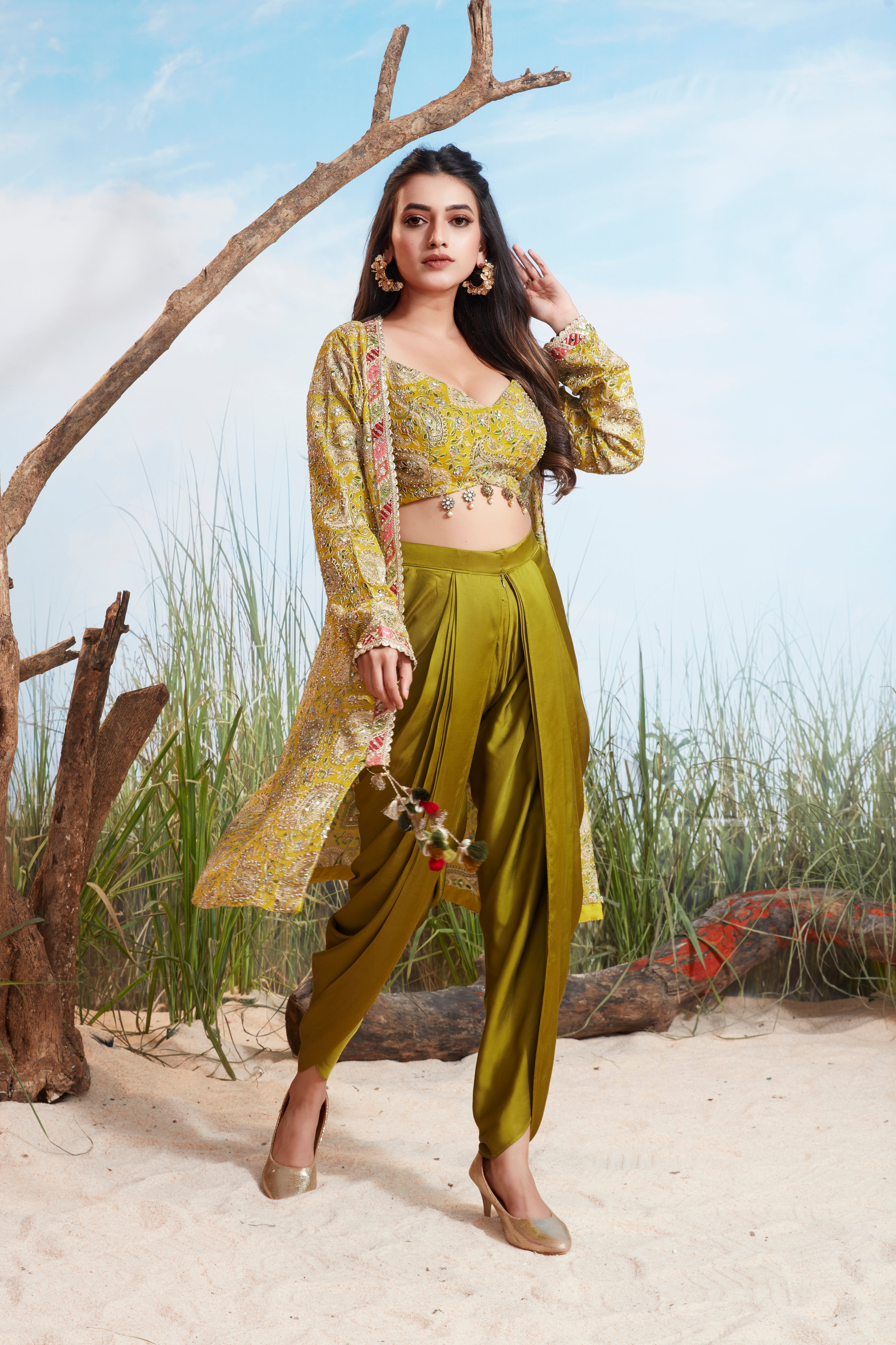Lime Green Embellished Satin Silk Dhoti Set