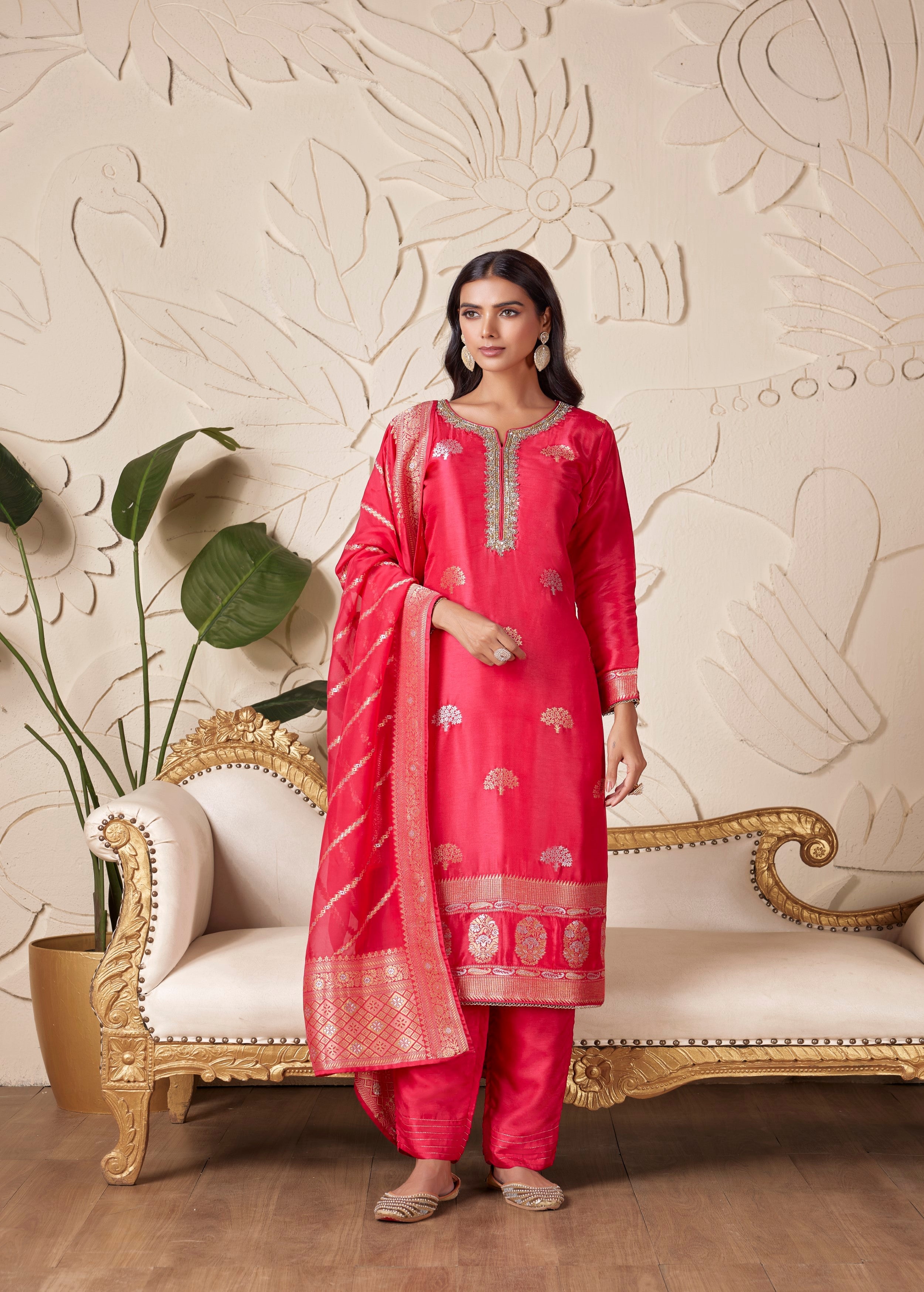 Salmon Pink Embellished Premium Silk Pant Set