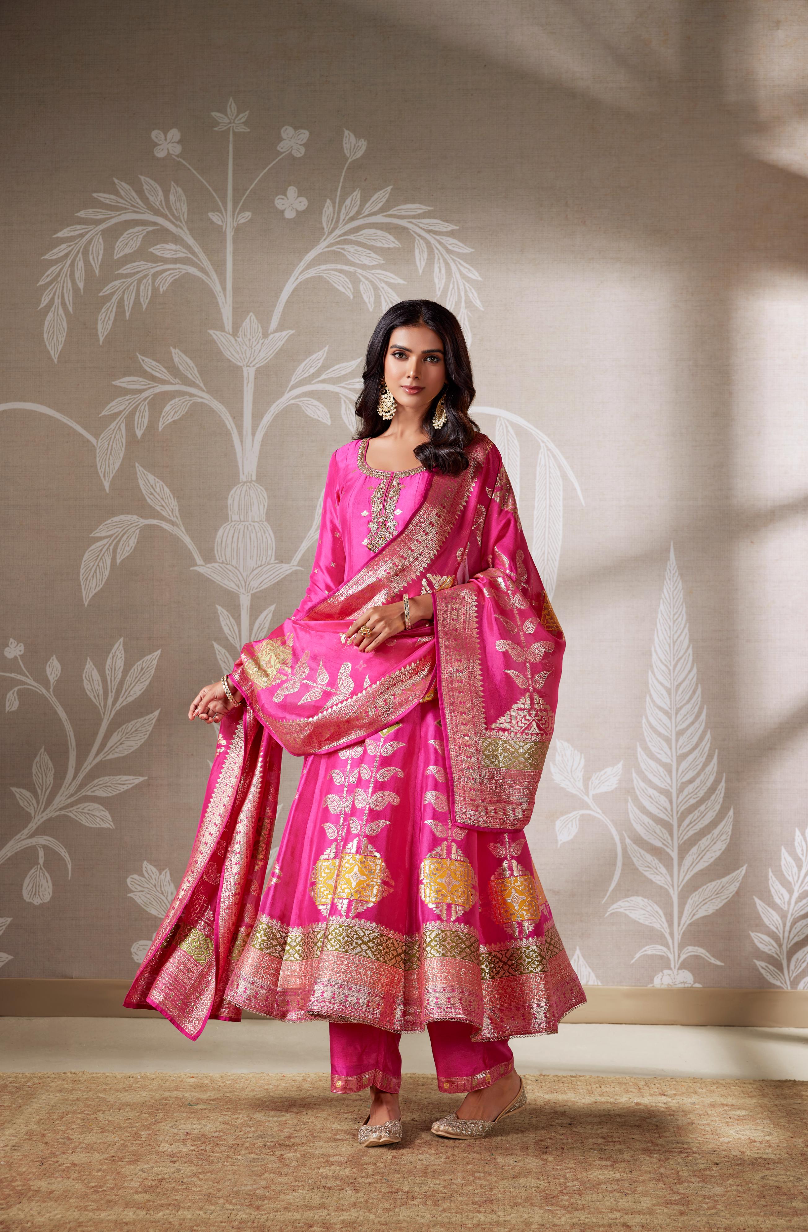 Fuchsia Pink Embellished Brocade Anarkali Set