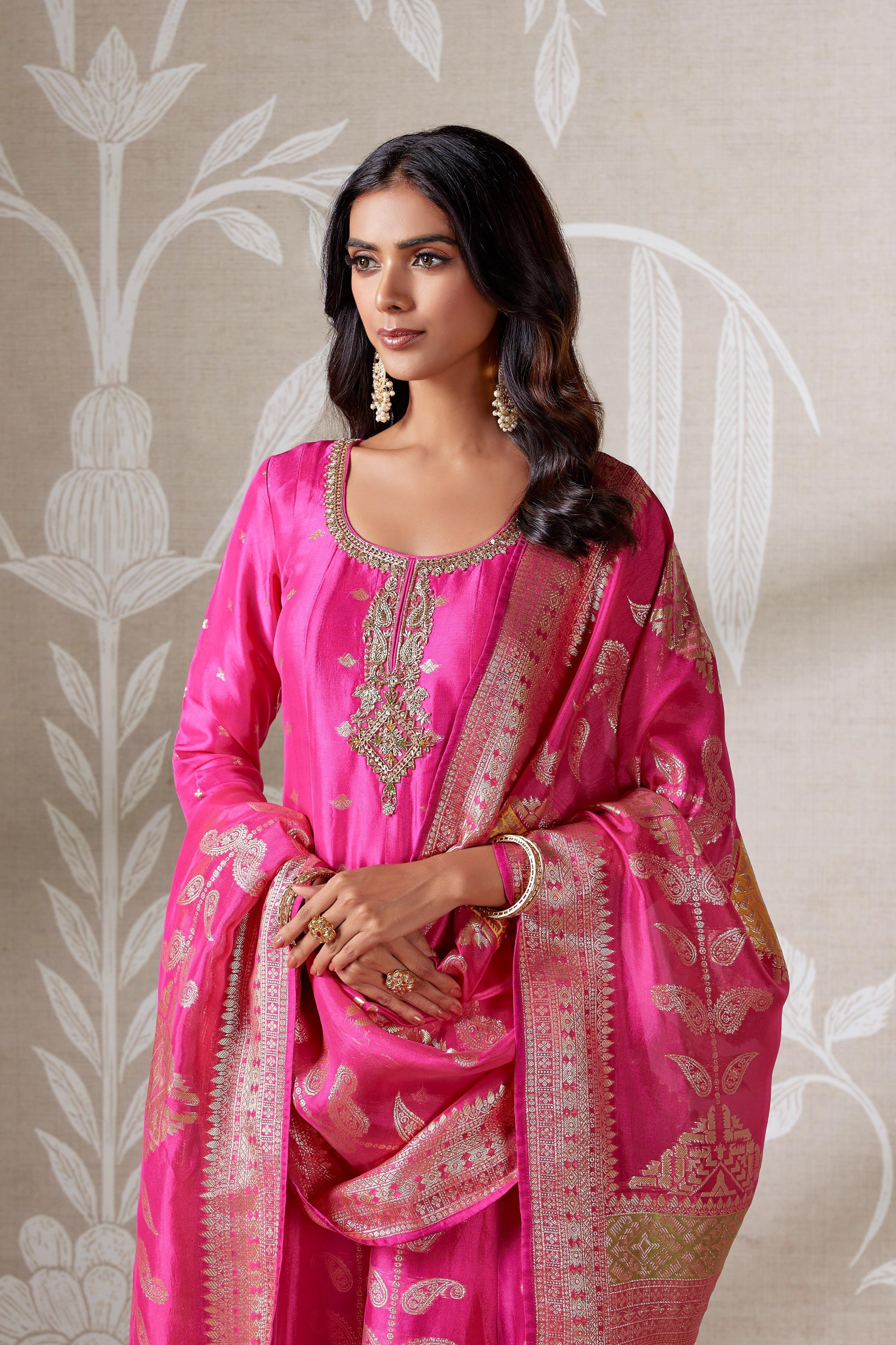 Fuchsia Pink Embellished Brocade Anarkali Set