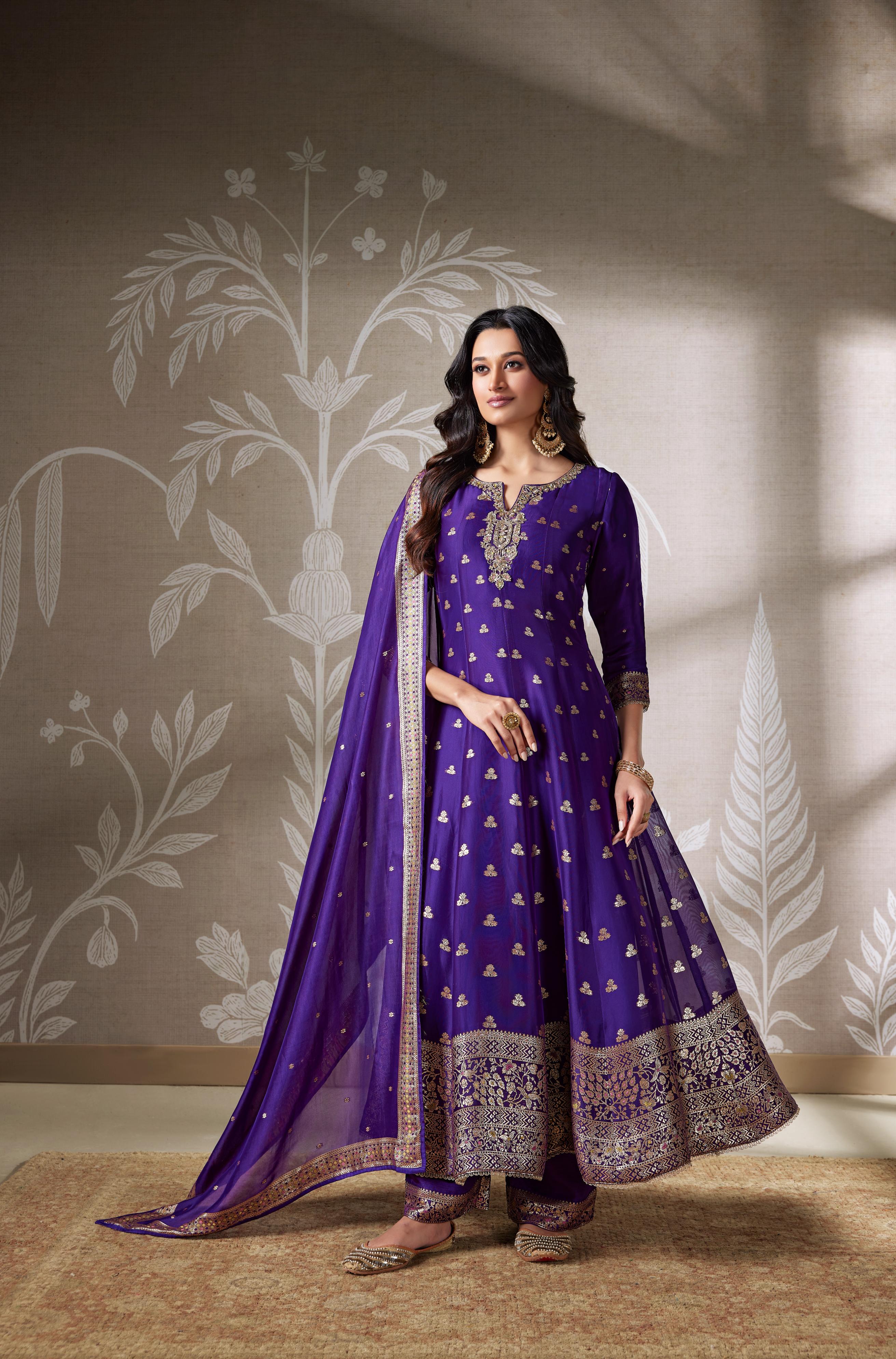 Violet Embellished Brocade Anarkali Set