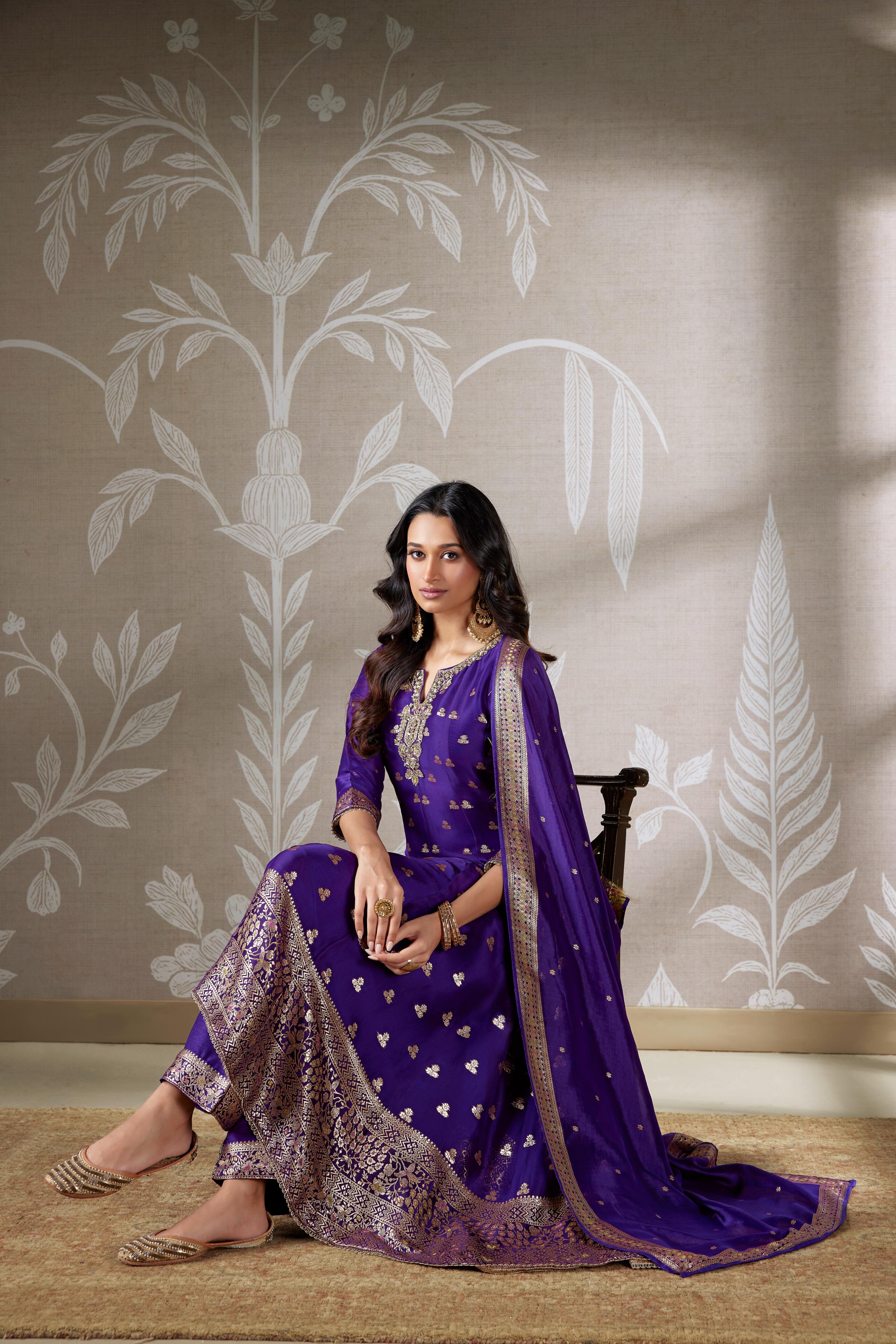 Violet Embellished Brocade Anarkali Set