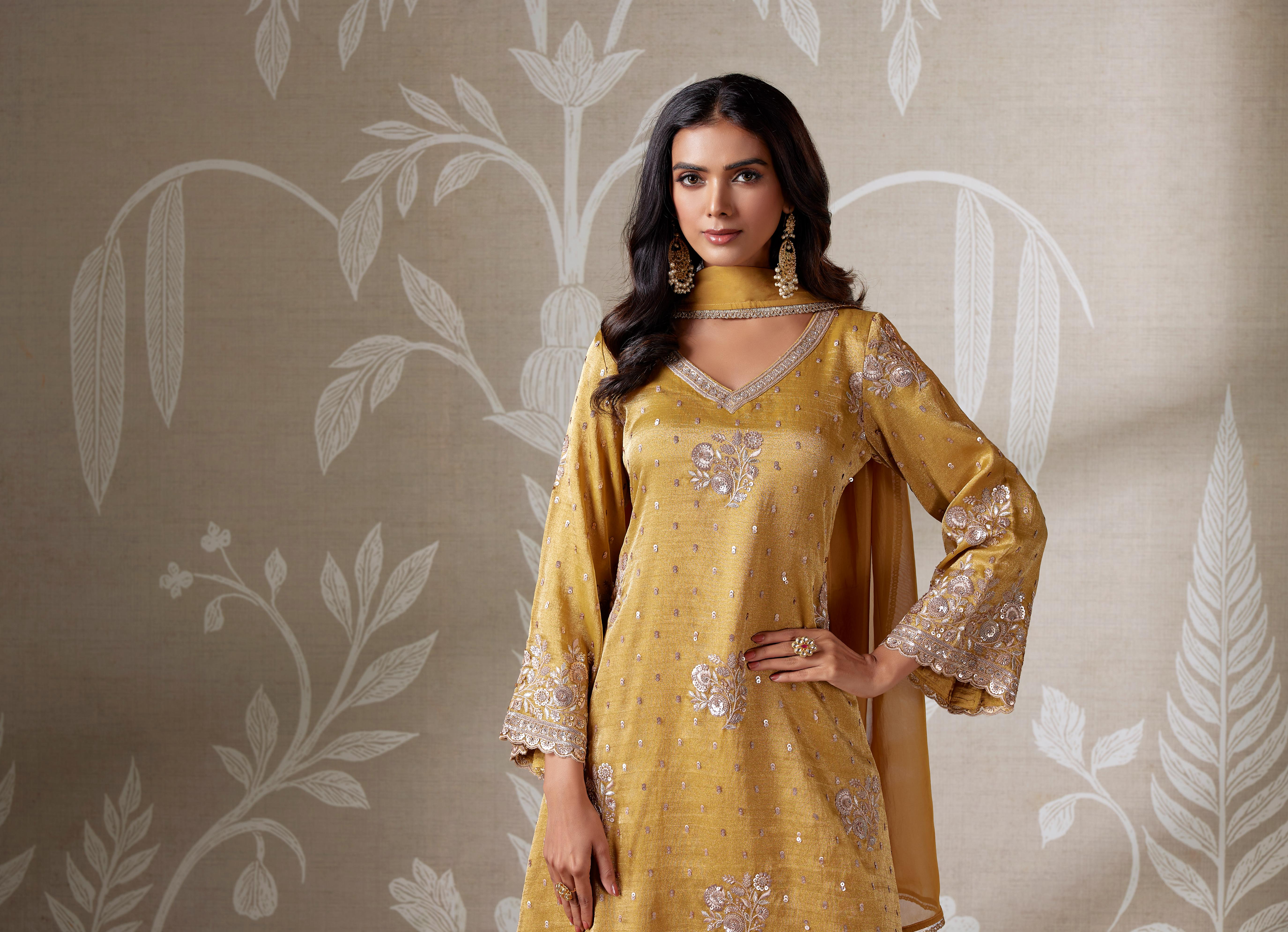 Mustard Silver Embellished Kurta Sharara Set